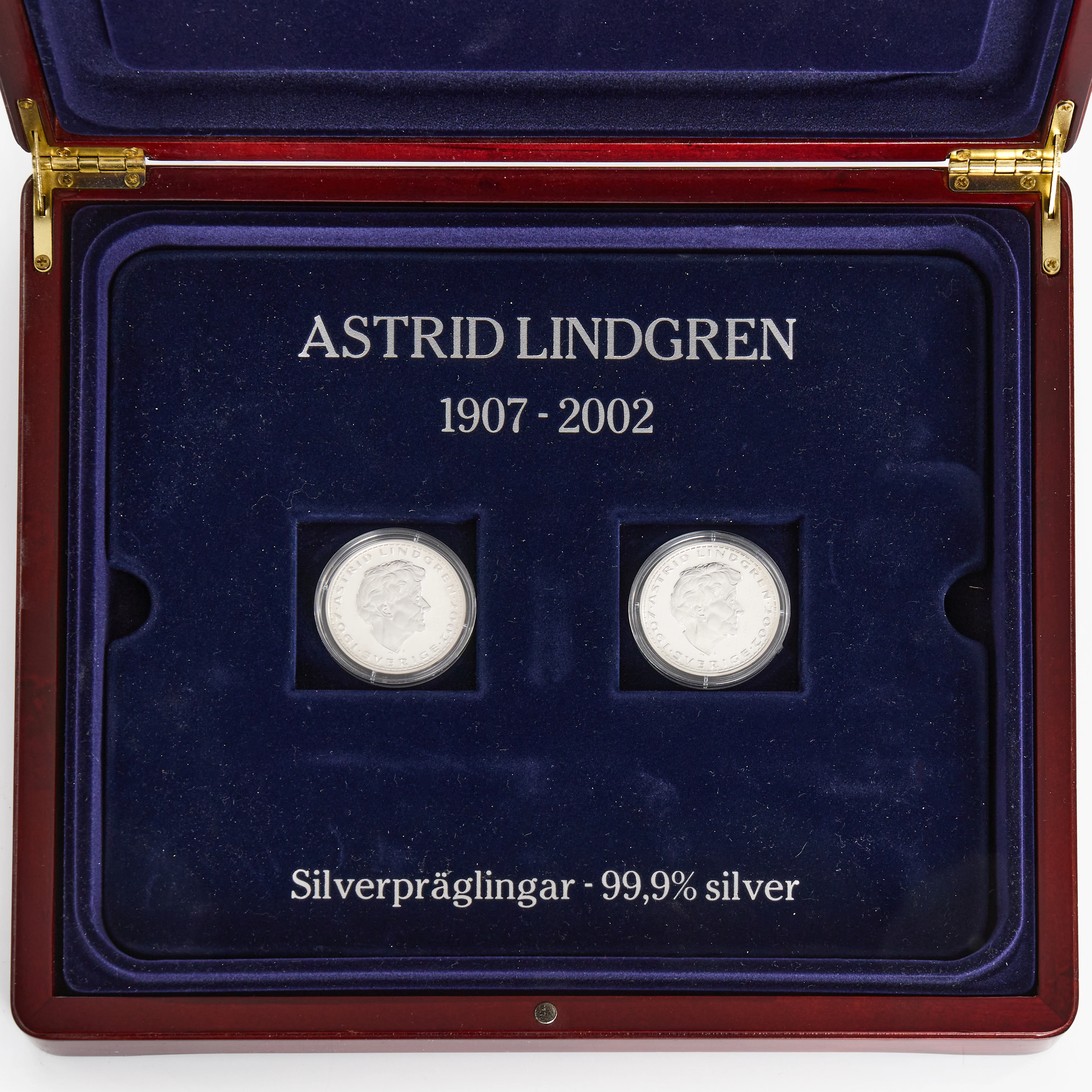 MINNESMYNT, 14 st, finsilver, Astrid Lindgren 1907-2002, i originalschatull.