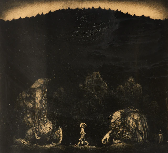 JOHN BAUER (SVERIGE, 1882–1918). EFTER. "Pojke och två troll", litografi.