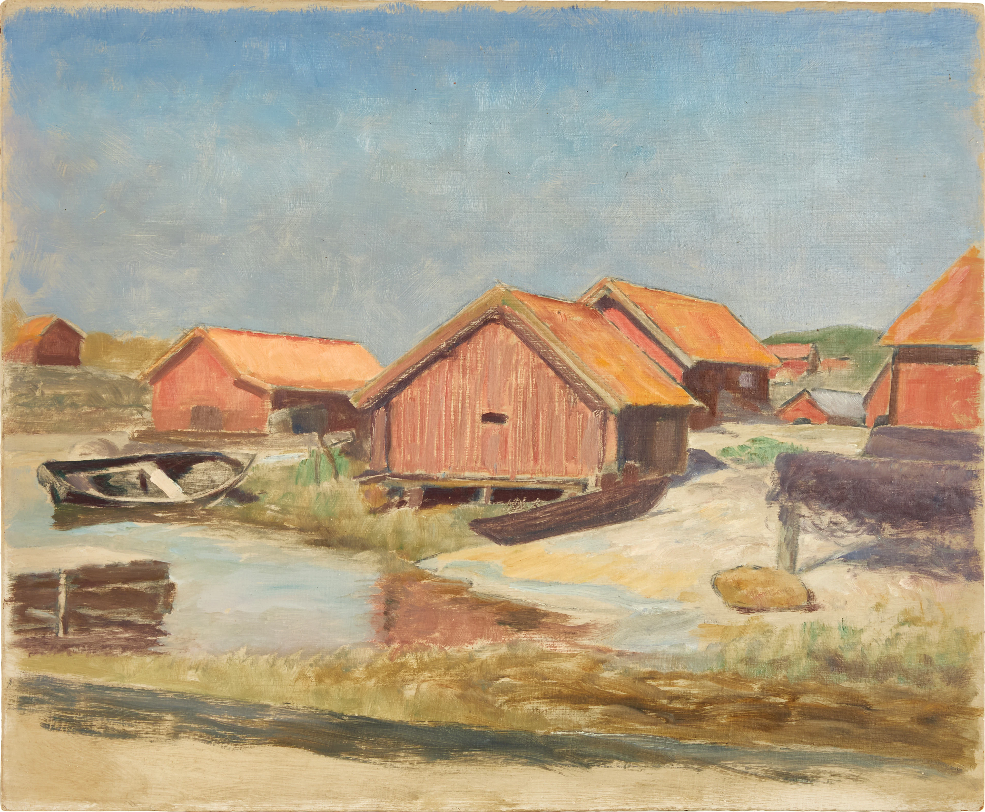IVAN HUMBLA (SVERIGE, 1888–1962): Sjöbodar, olja på pannå.