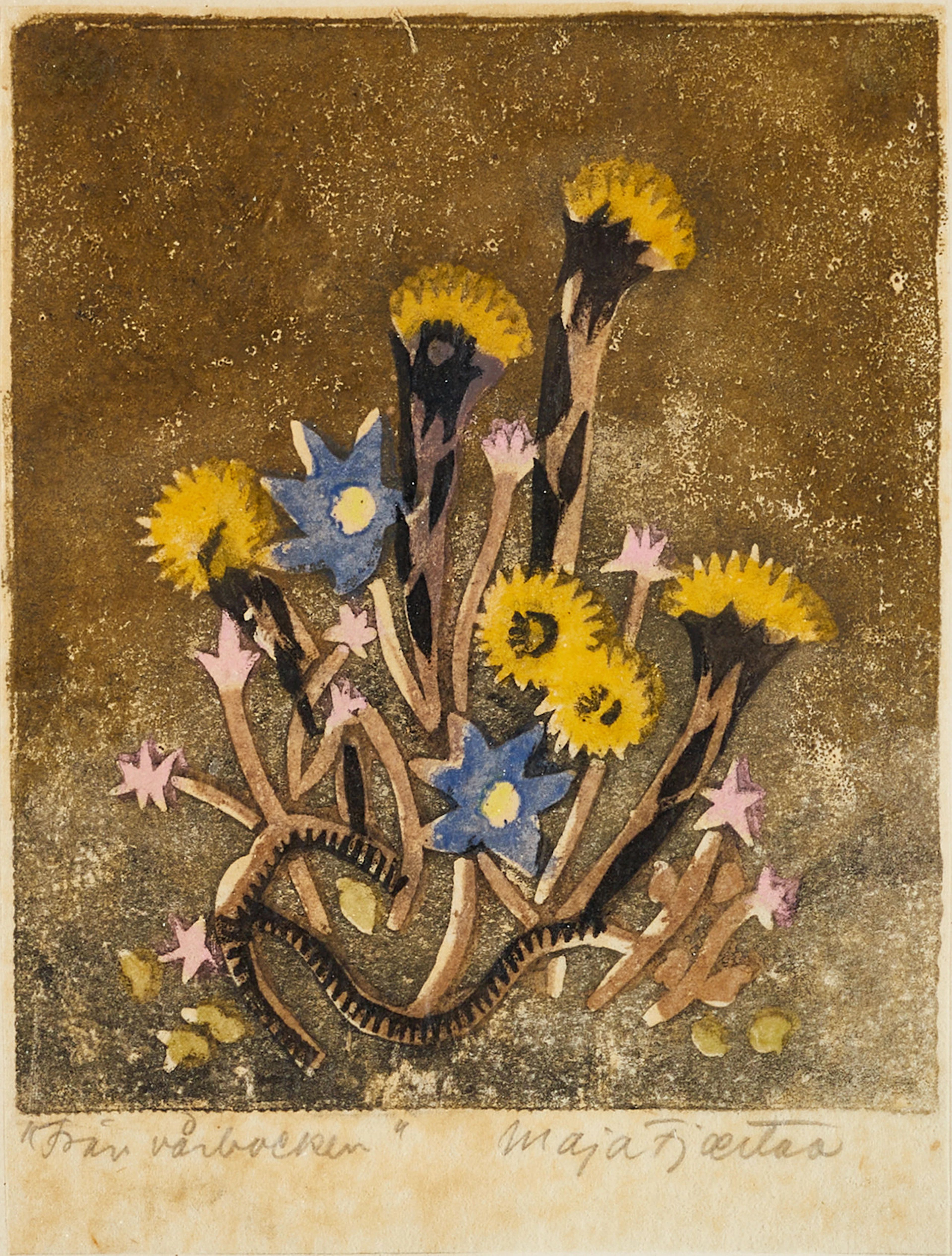 MAJA FJAESTAD (1873-1961), "Från vårbacken", signerad, färgträsnitt.