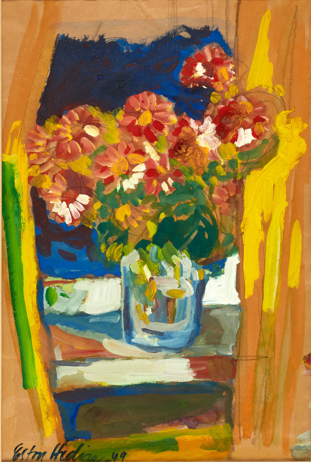 OIDENTIFIERAD KONSTNÄR. Blomsterstilleben, signerad och daterad -49, gouache.