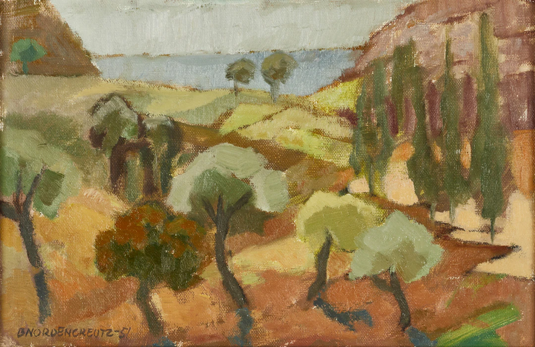 BRITA NORDENCREUTZ (1899-1982). Sydländskt landskap, signerad och