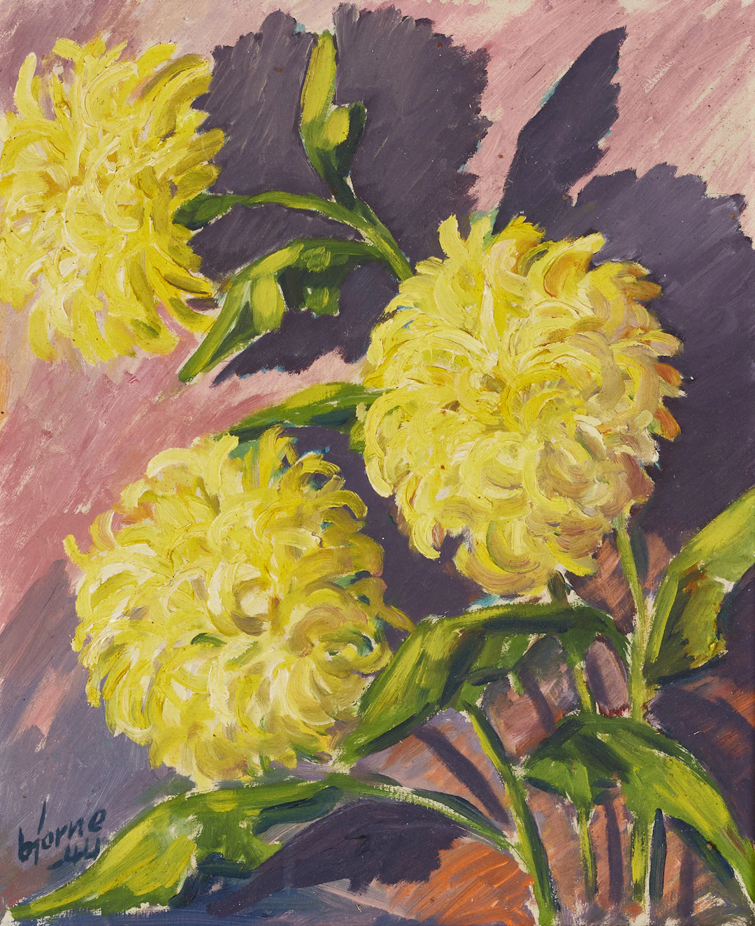 WALTER BJORNE (1908-2000), Gul krysantemum, olja på pannå, signerad