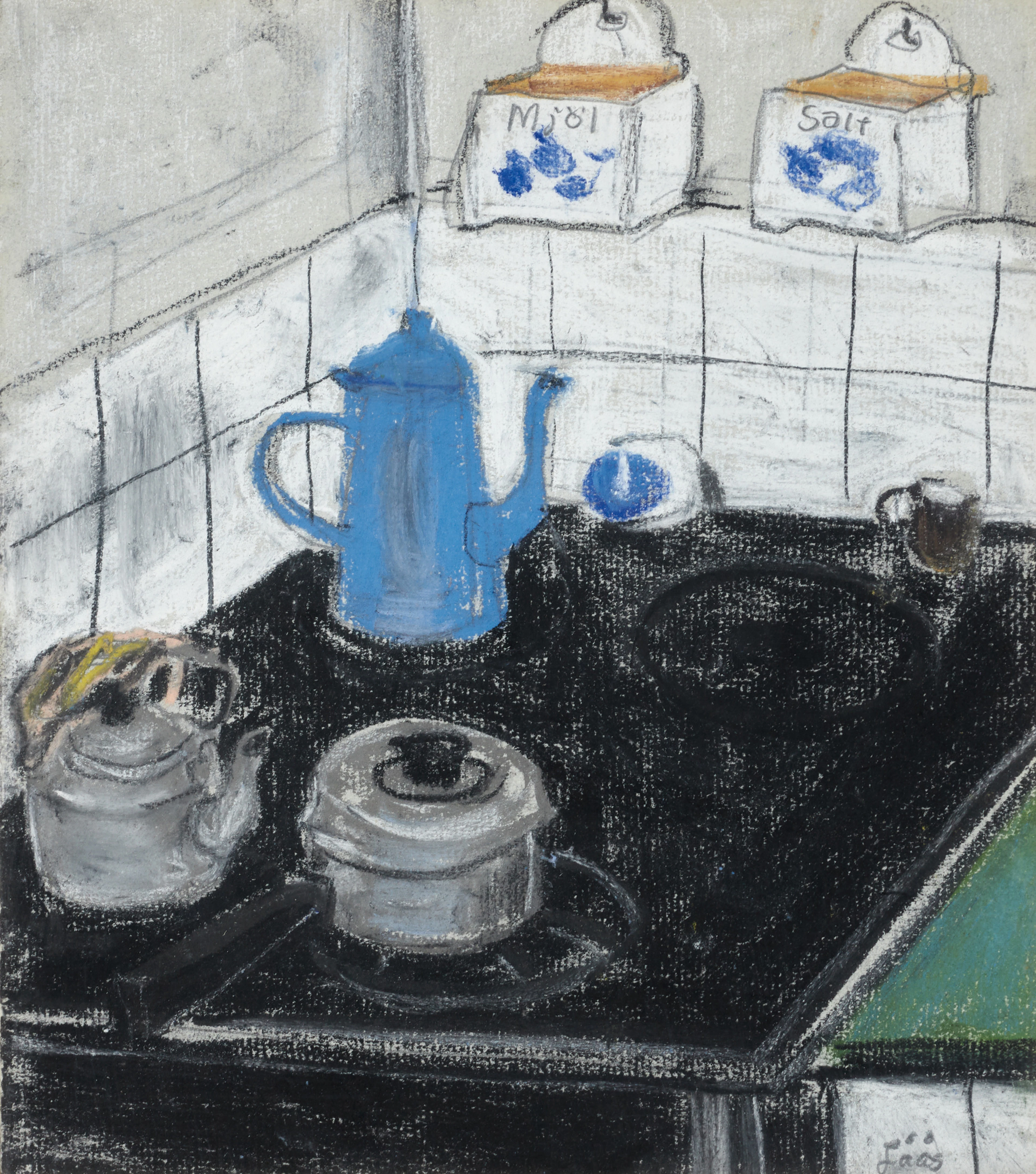 EVY LÅÅS (1923–1999). "Spisen", signerad Låås, pastell och blyerts.