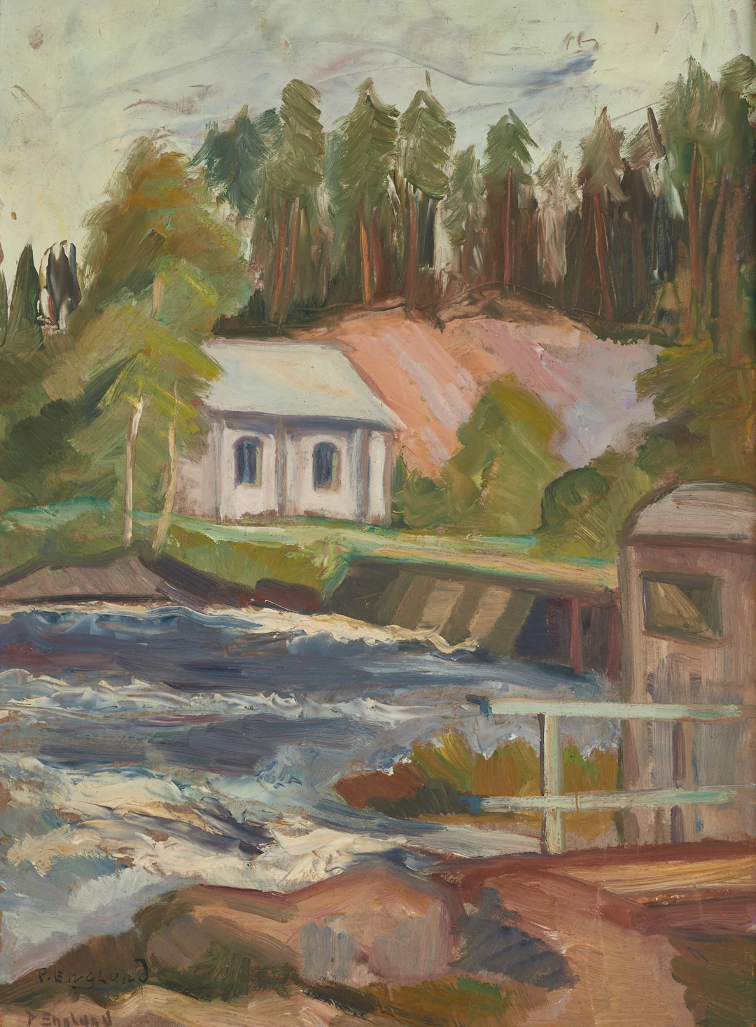 PER ENGLUND (1905-1988), skogsvy vid älven, olja på pannå, signerad.