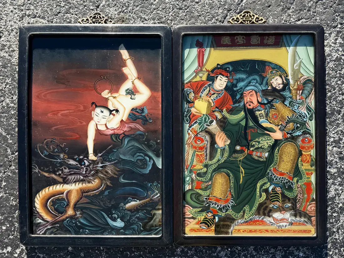 2PC. CHINESE MYTHOLOGY REVERSE PAINTINGS