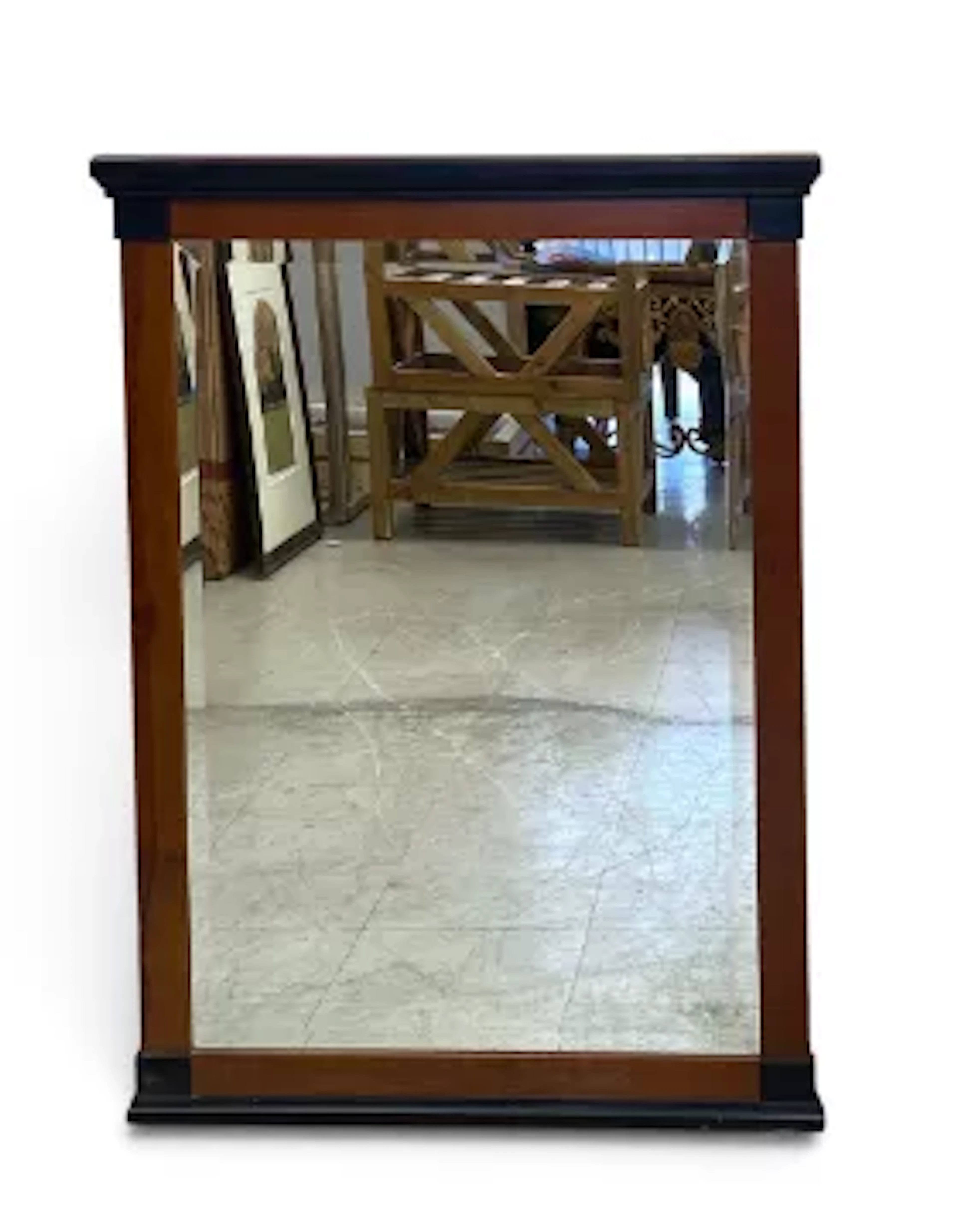 A walnut and ebonised Empire style pier mirror. H.105 x W.76cm