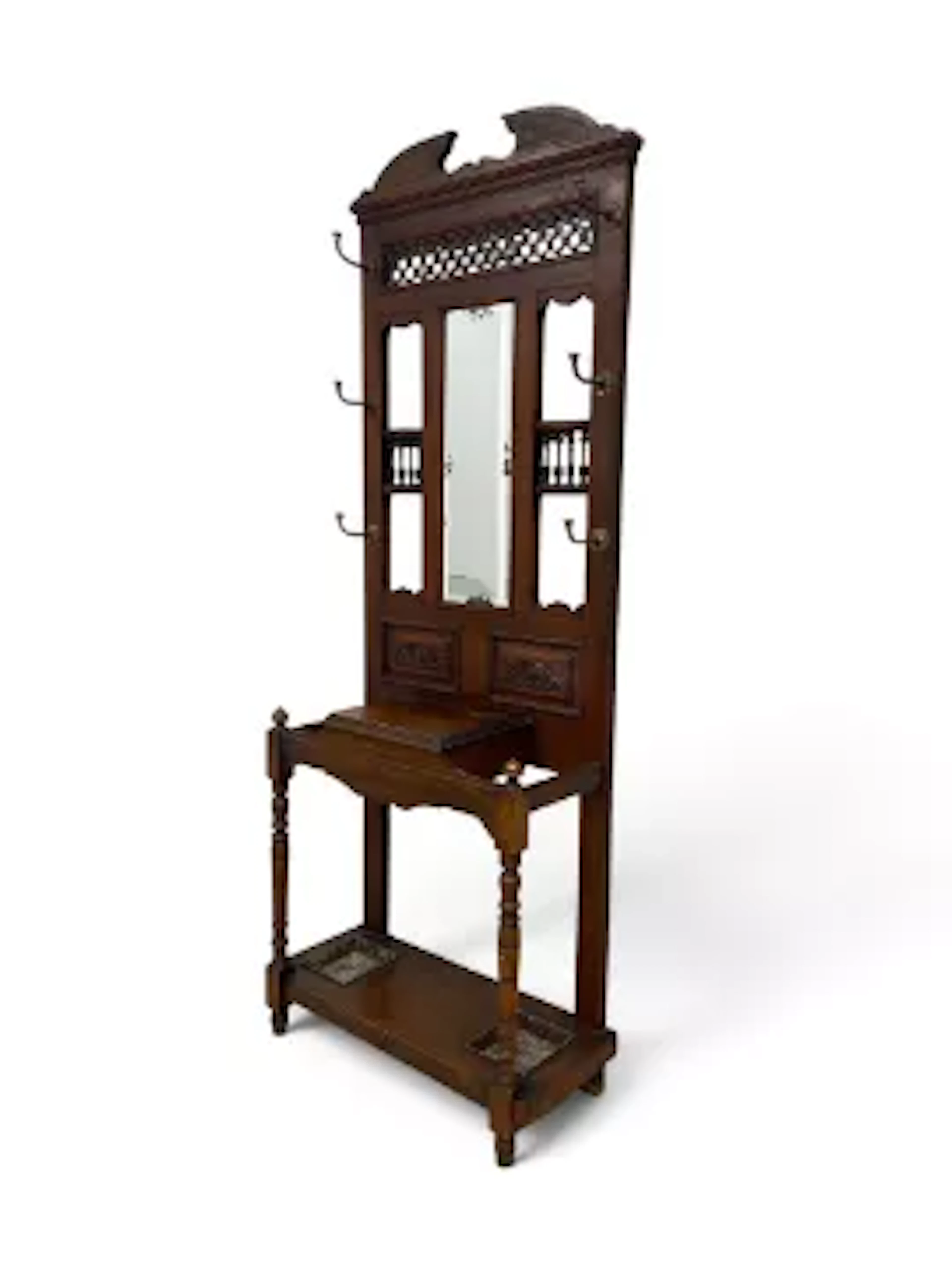 An Edwardian hallstand, mahogany and oak with turned spindles and