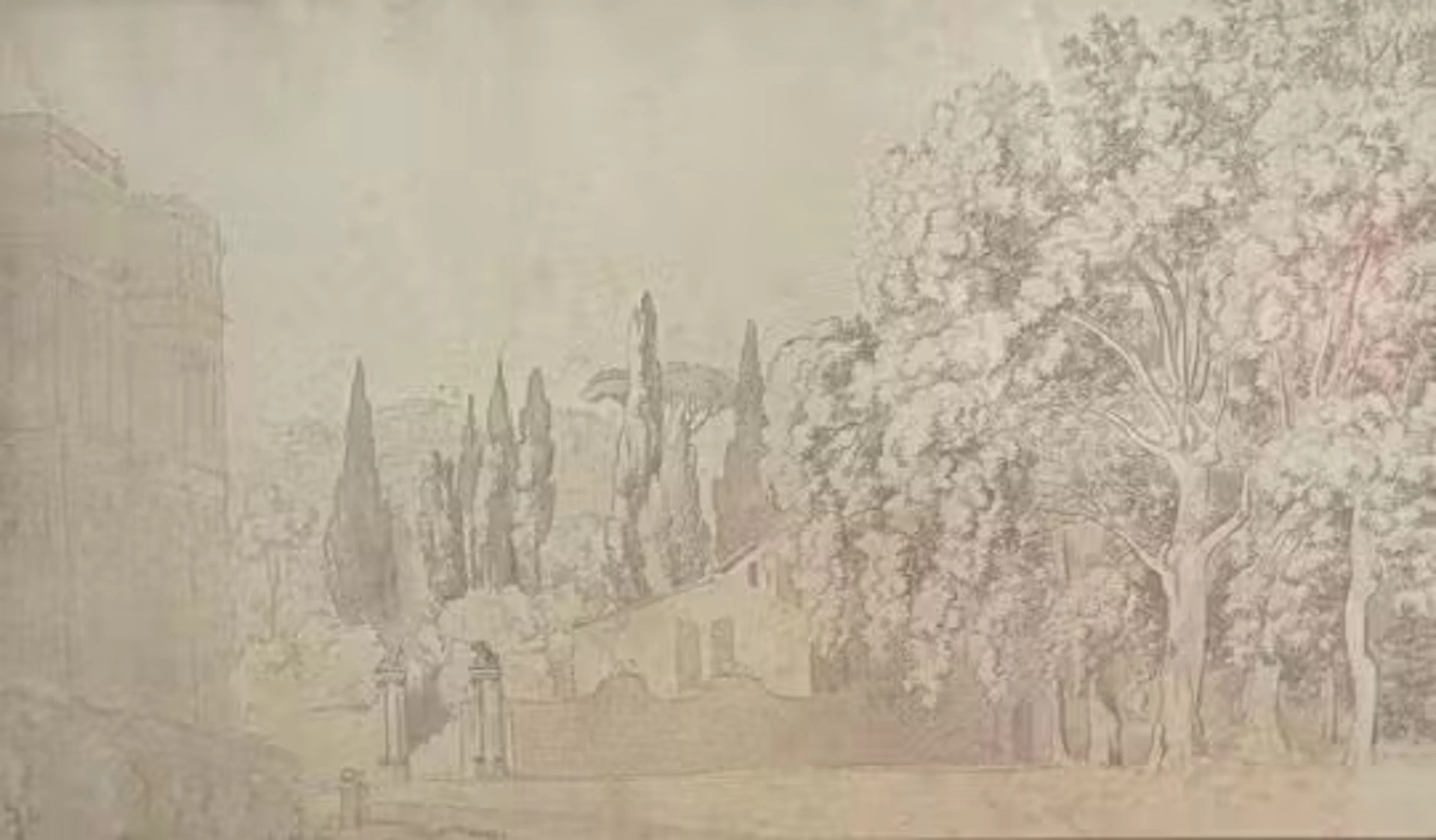 A C.1900 pencil drawing; Italian villa and gardens, framed and glazed.