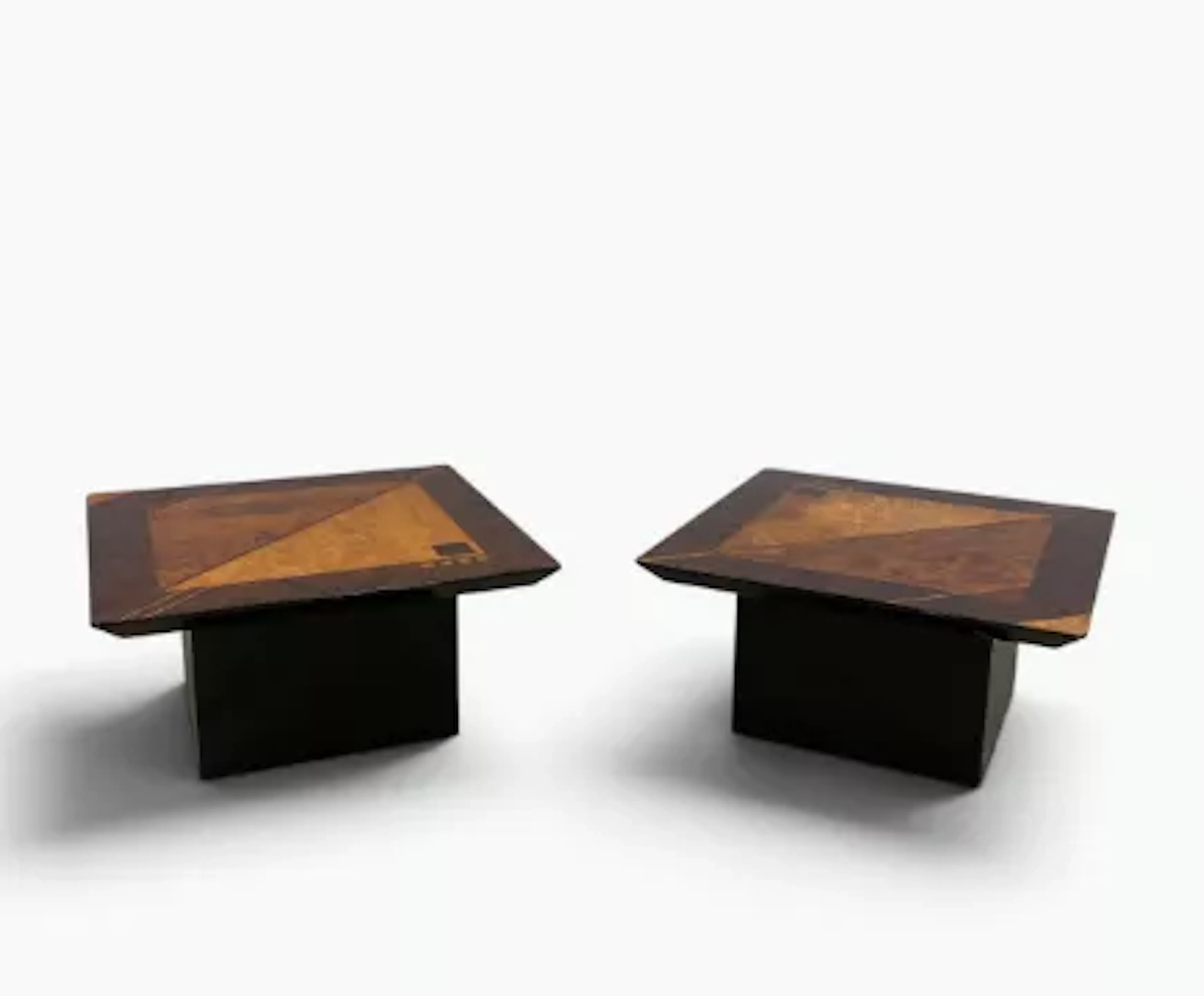 A pair of 1980's vintage Italian lamp tables in a lacquered geometric