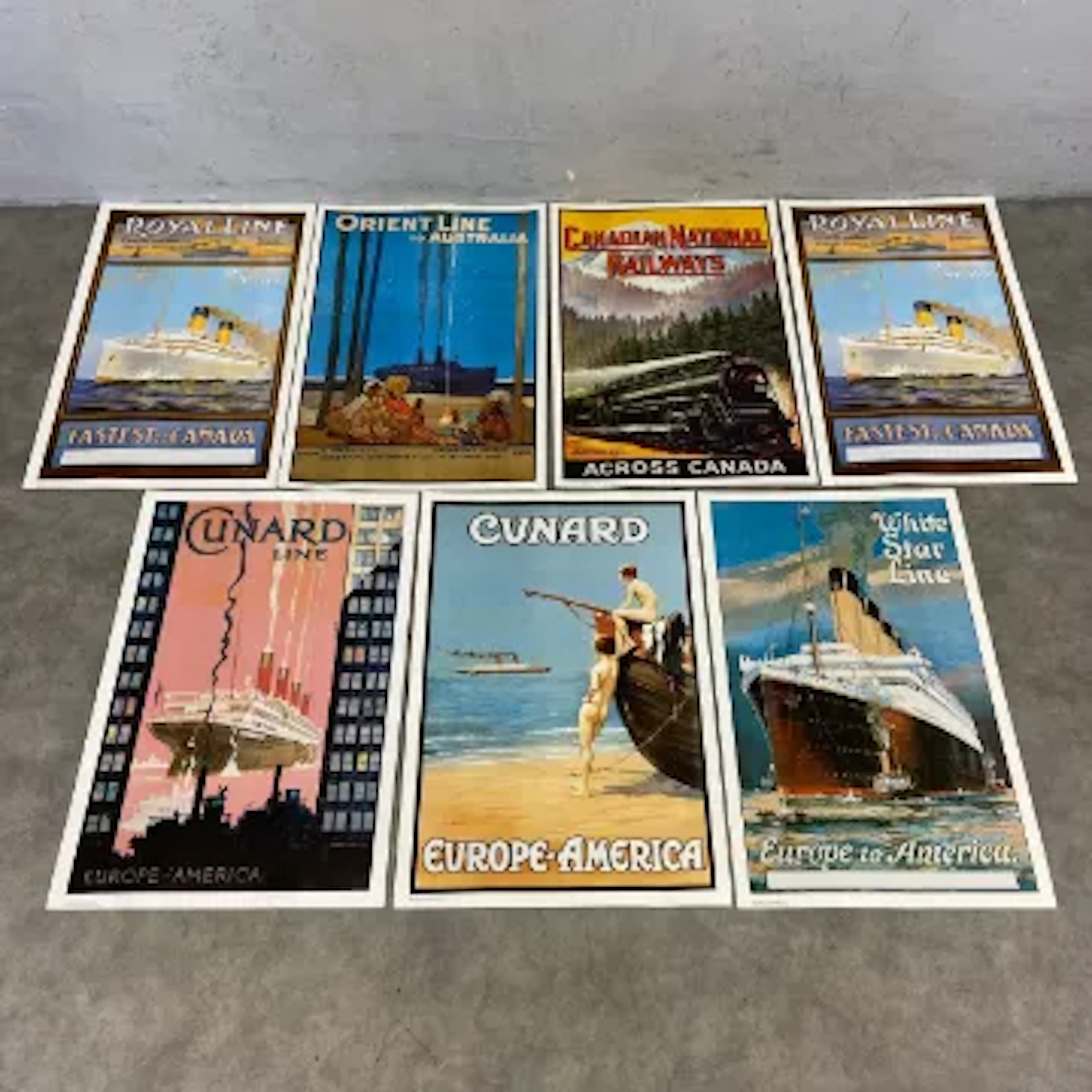 A collection of seven Art Deco style travel posters; Cunard etc, printed