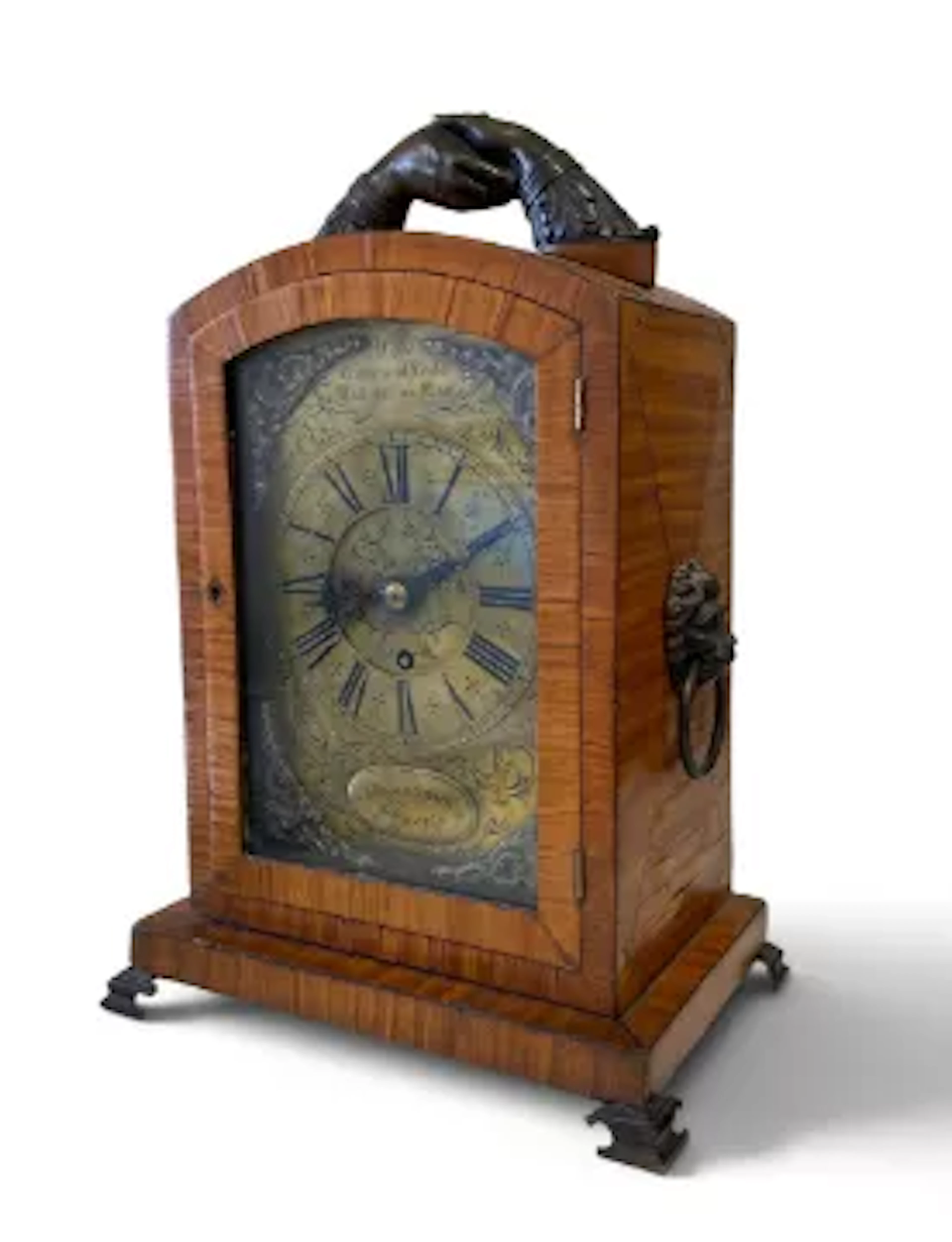 A late 18th century satinwood bracket clock with ormolu mounts, lion-head