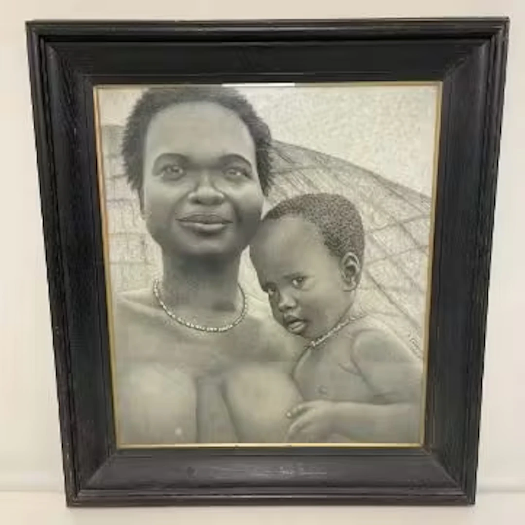 A contemporary charcoal portrait of a mother and child, signed D.