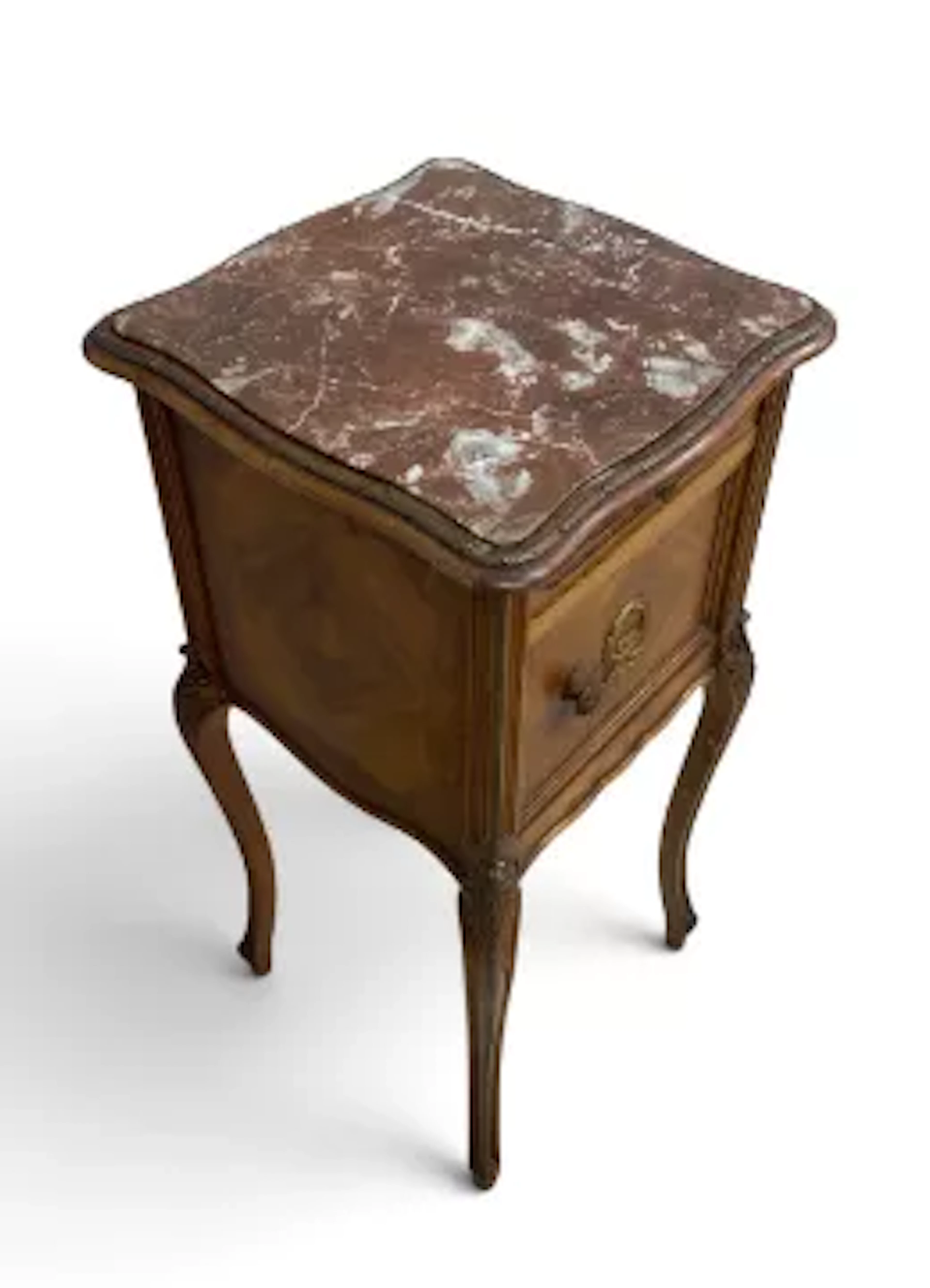 A late 19th century French walnut side or bedside cabinet with marble