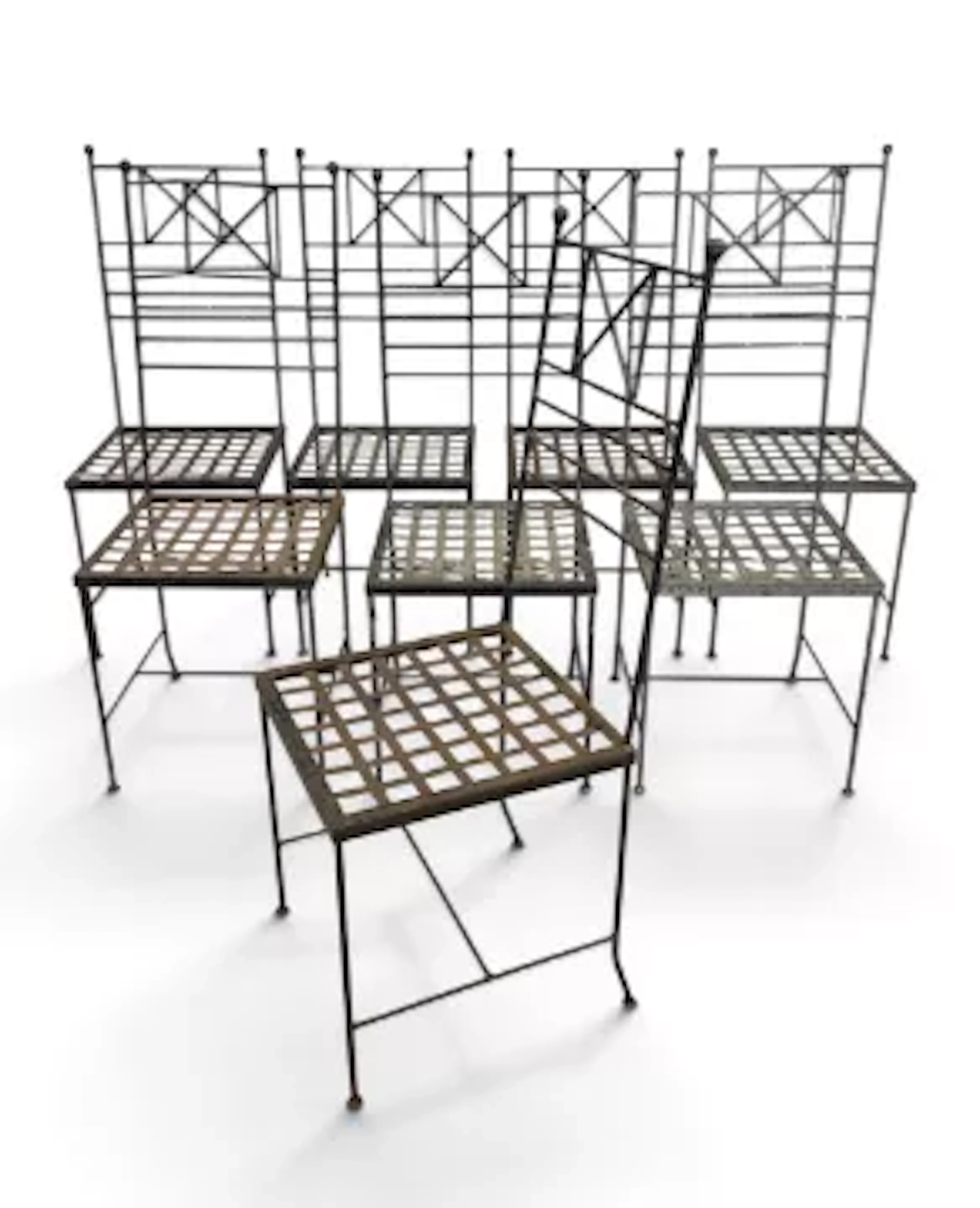 A set of eight vintage painted and weathered iron garden seats with