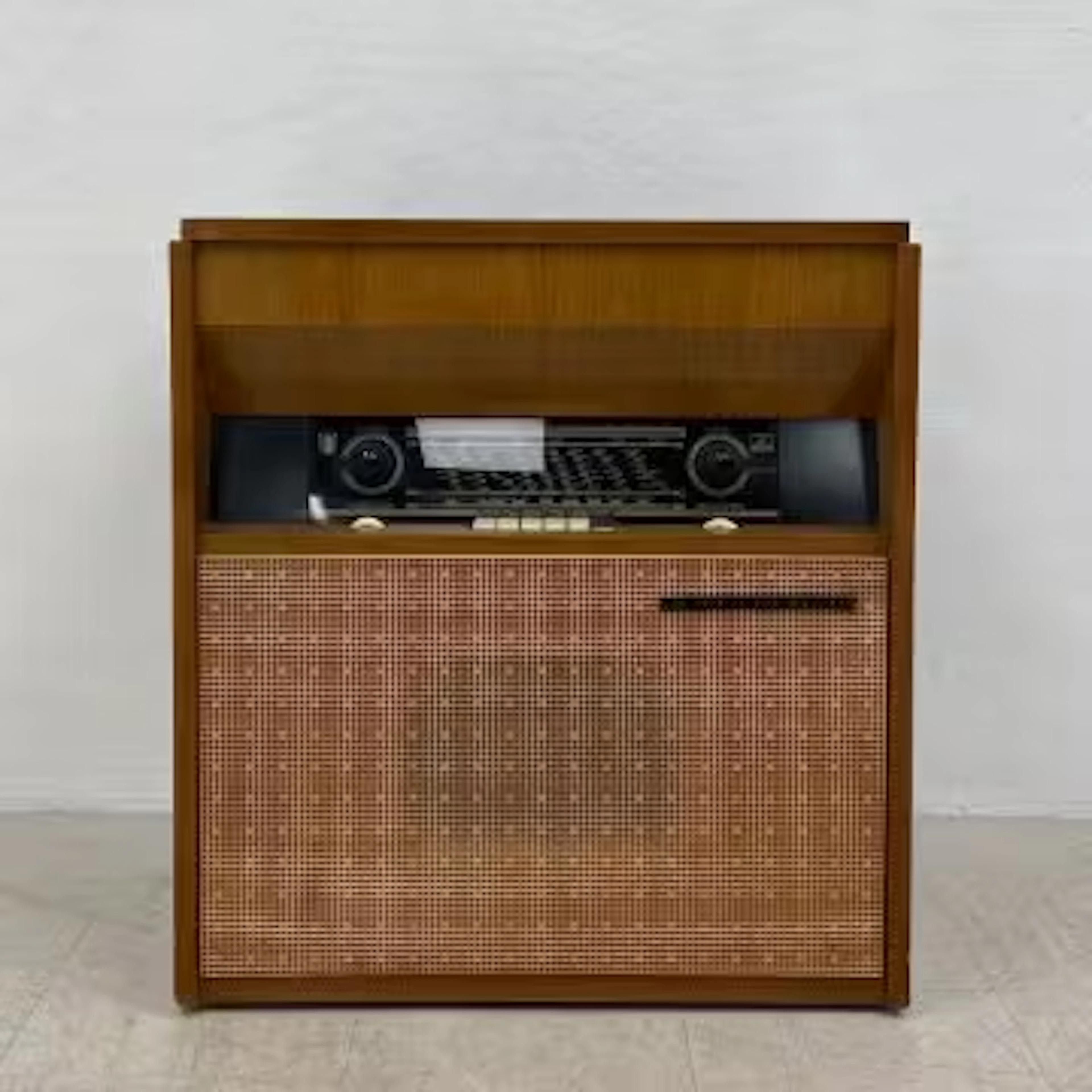 A mid-century French teak console radio and record player by His Master's