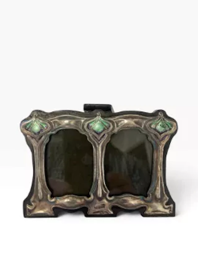 A vintage Art Nouveau style enamelled sterling silver double picture
