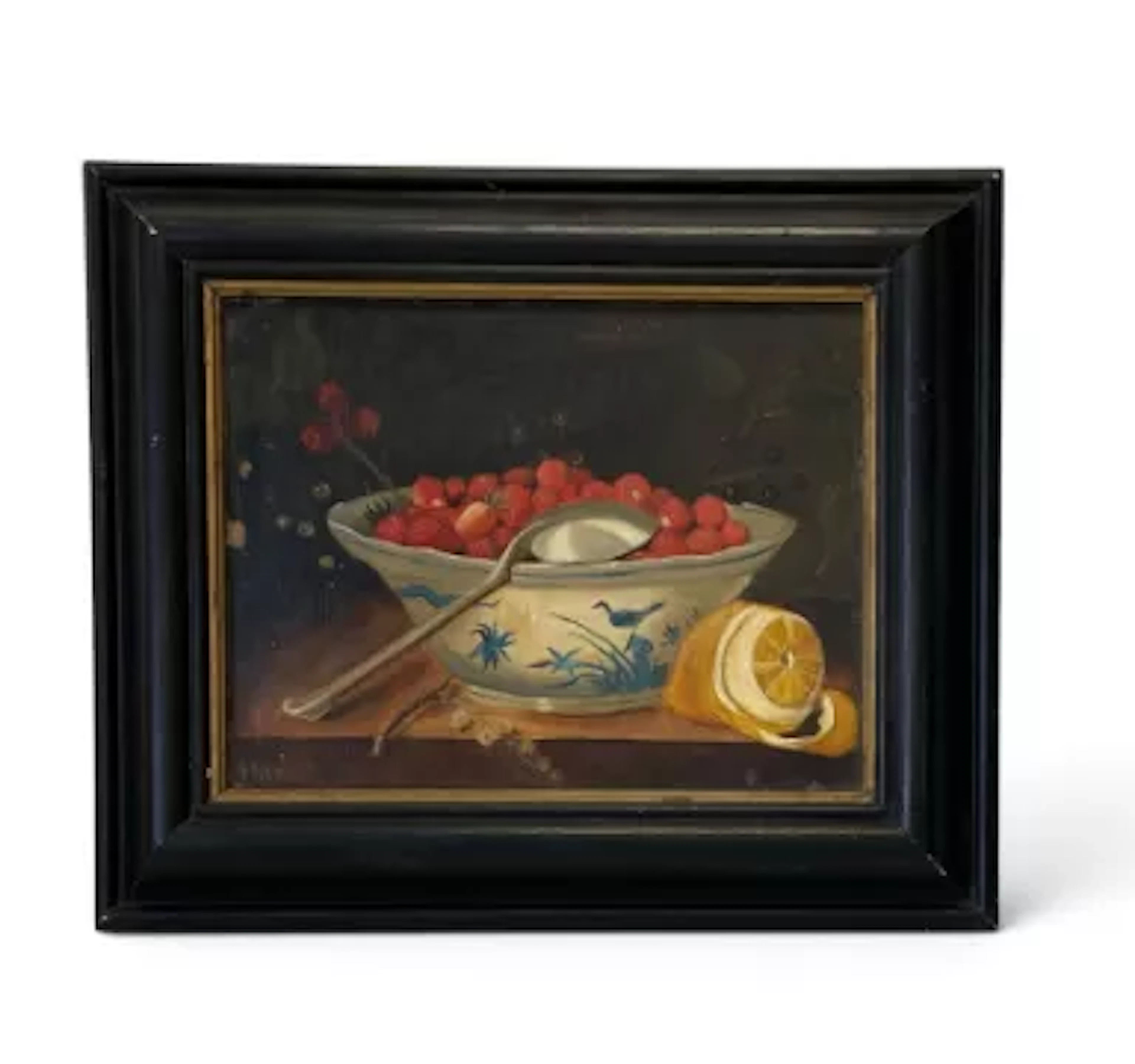 A Dutch style still life oil study on board of fruit in a Delftware