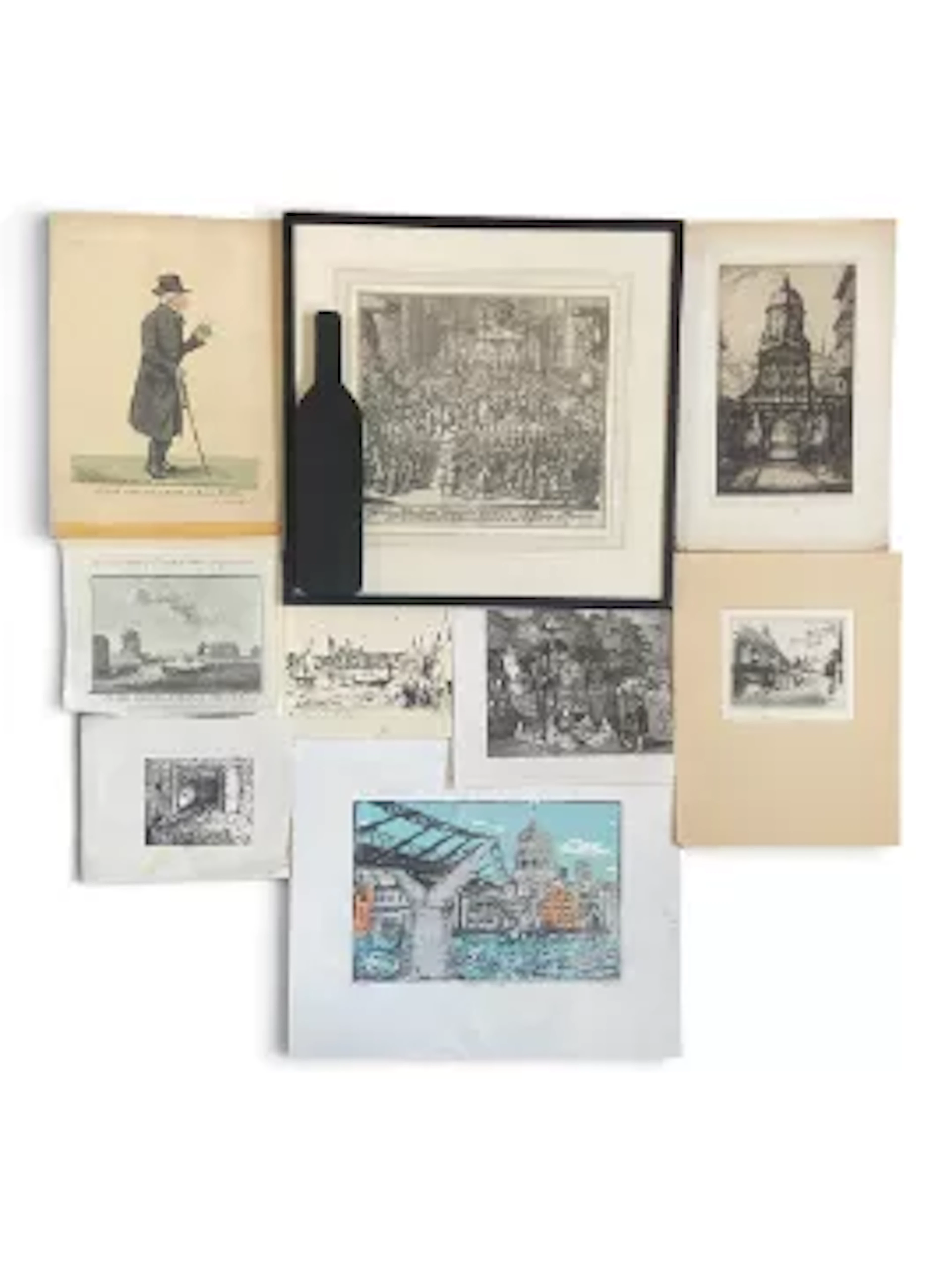 A miscellaneous collection of nine prints and etchings including one