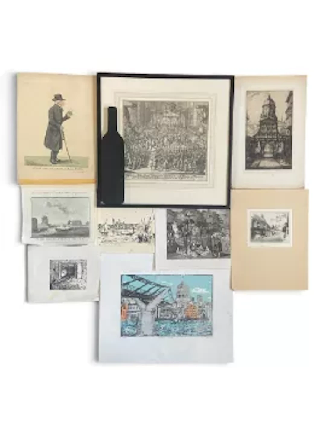 A miscellaneous collection of nine prints and etchings including one