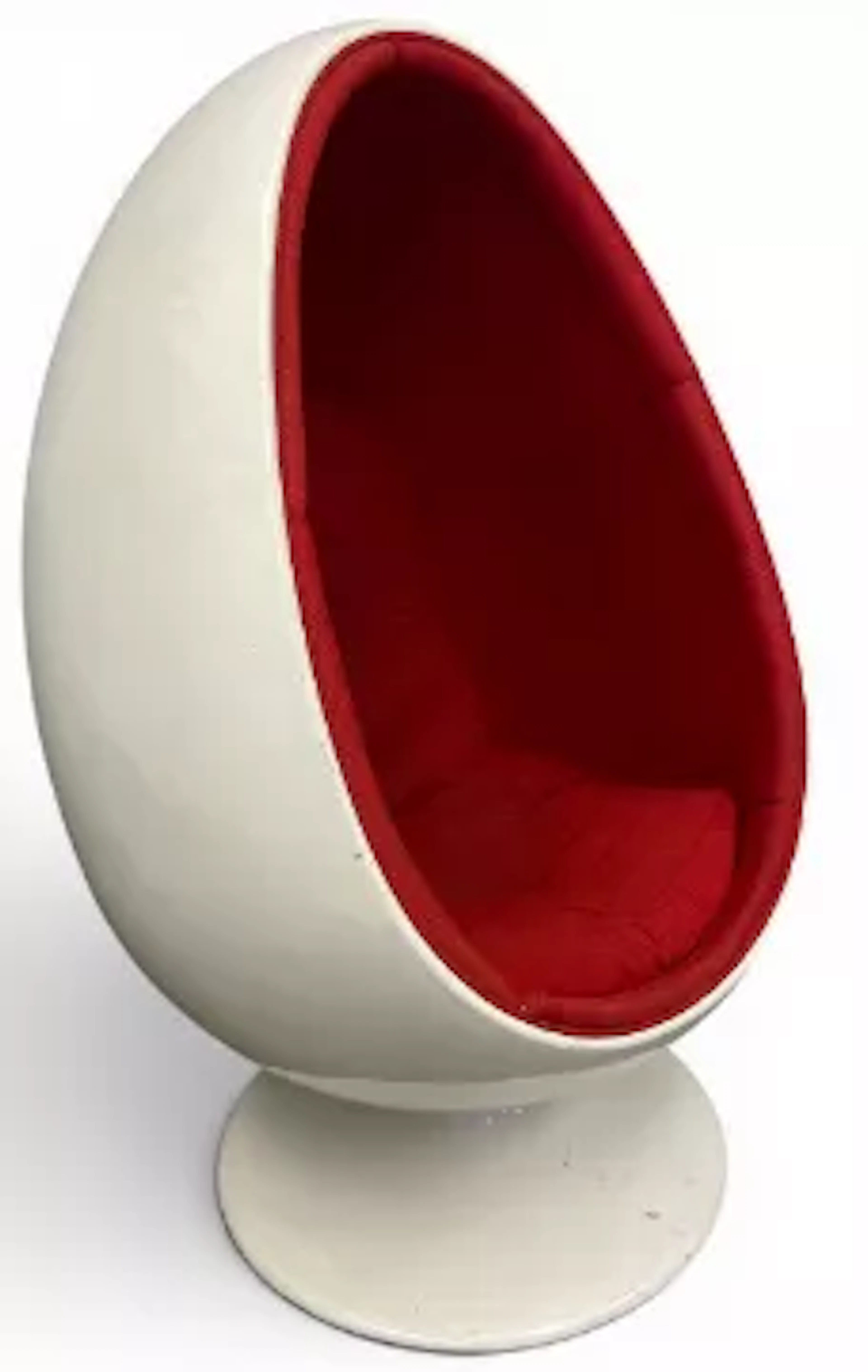 A mid century retro white plastic egg pod chair with red calico upholstered