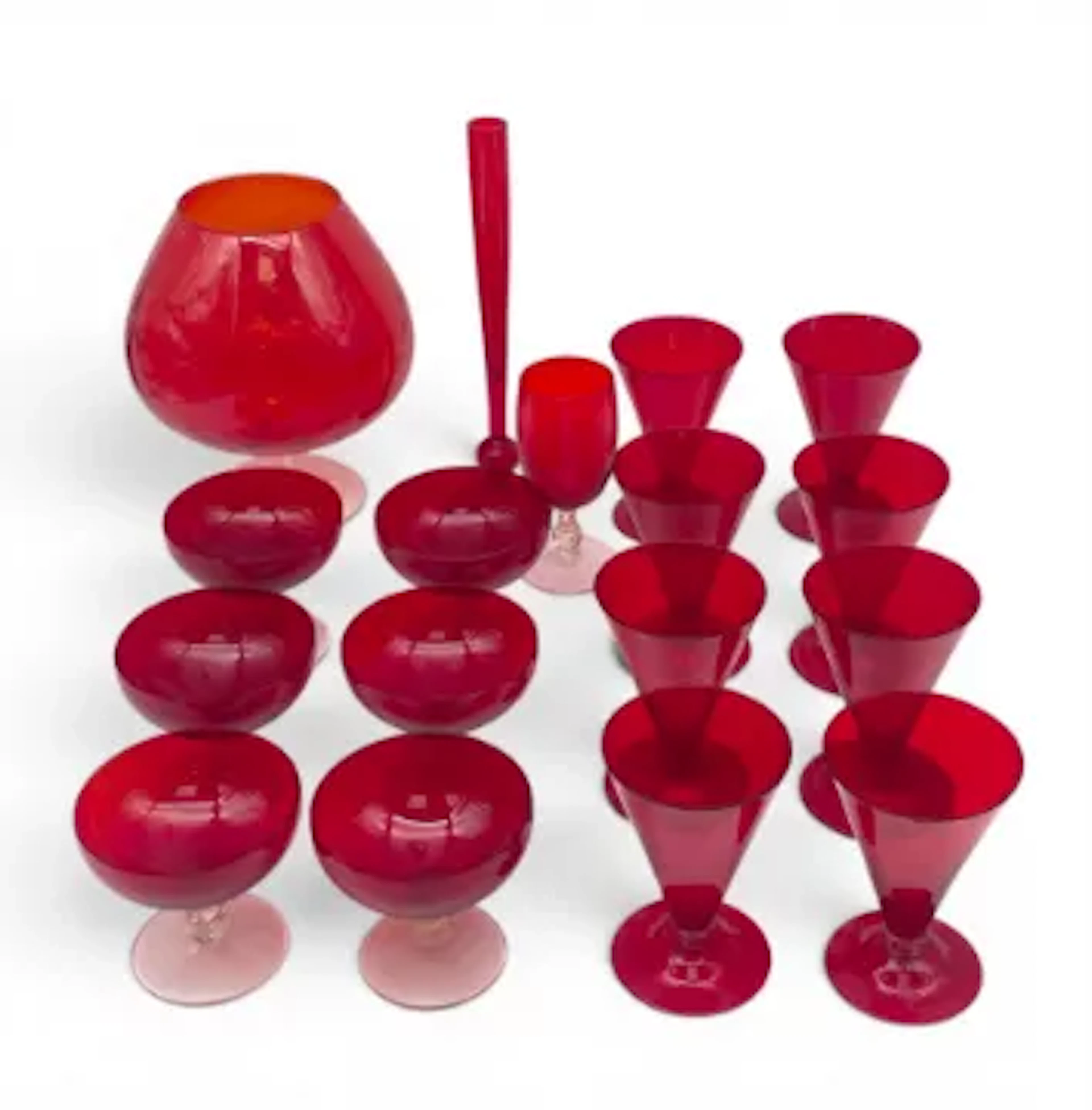 A set of six Murano style Venetian ruby sundae glasses with twisted