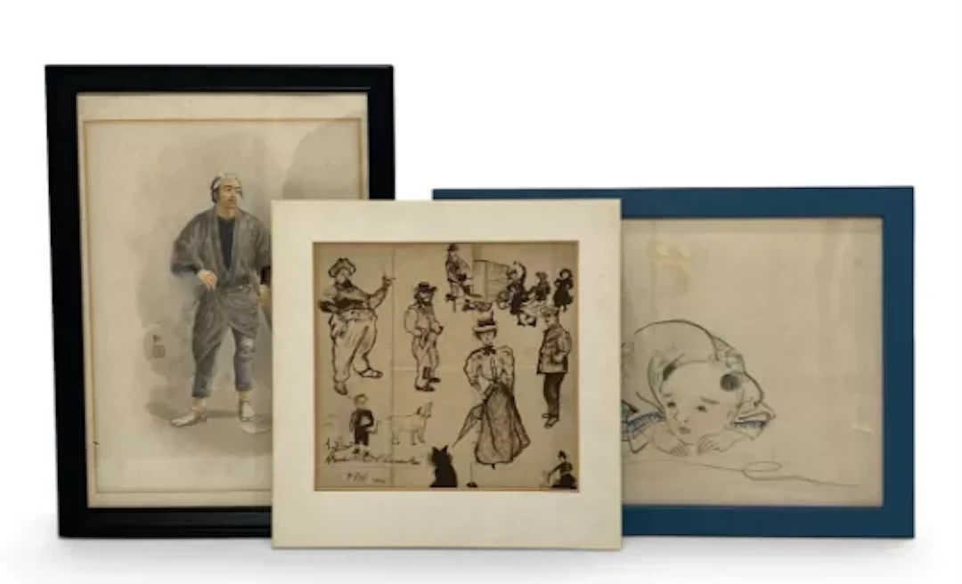 A mixed lot to include a signed Victorian pen and ink portrait study