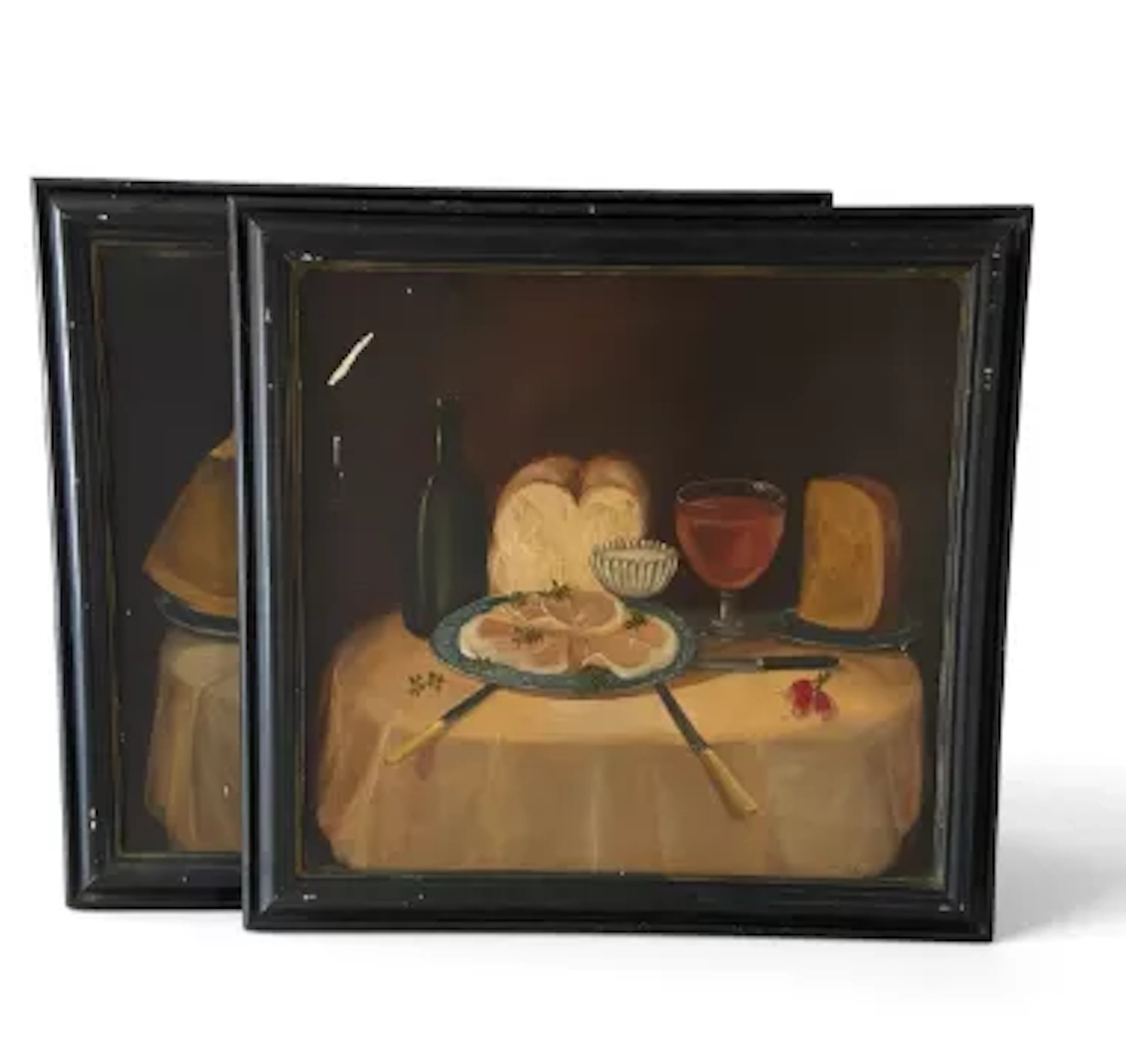 A pair of Dutch style still life oil studies on panel in ebonised