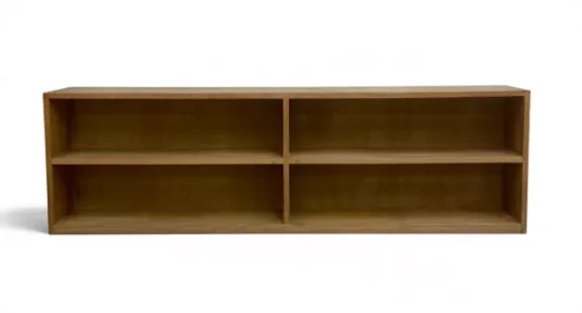 A vintage oak wall hanging open bookcase of simple square form with