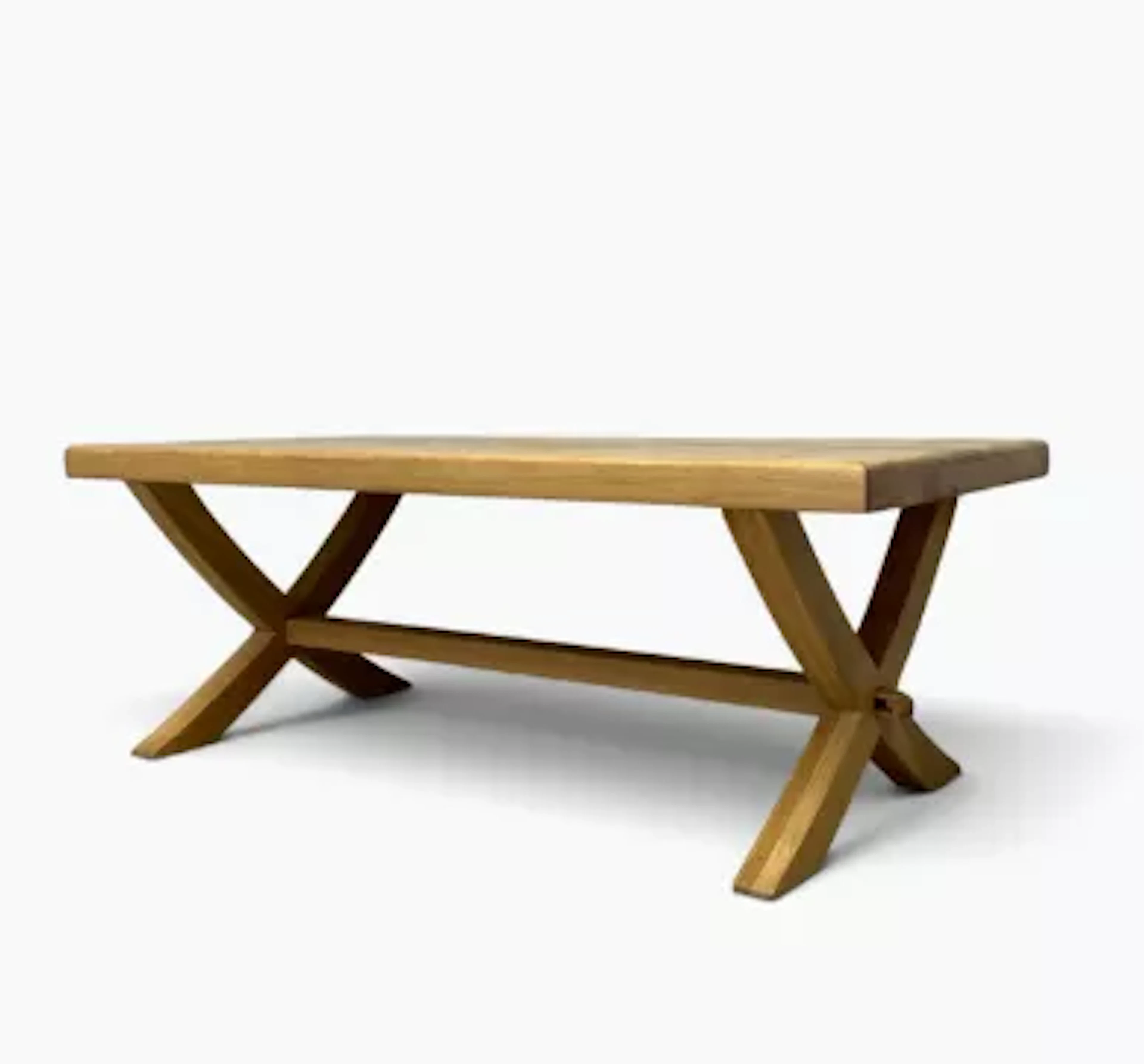 A contemporary hardwood low table on stretchered X-frame supports.