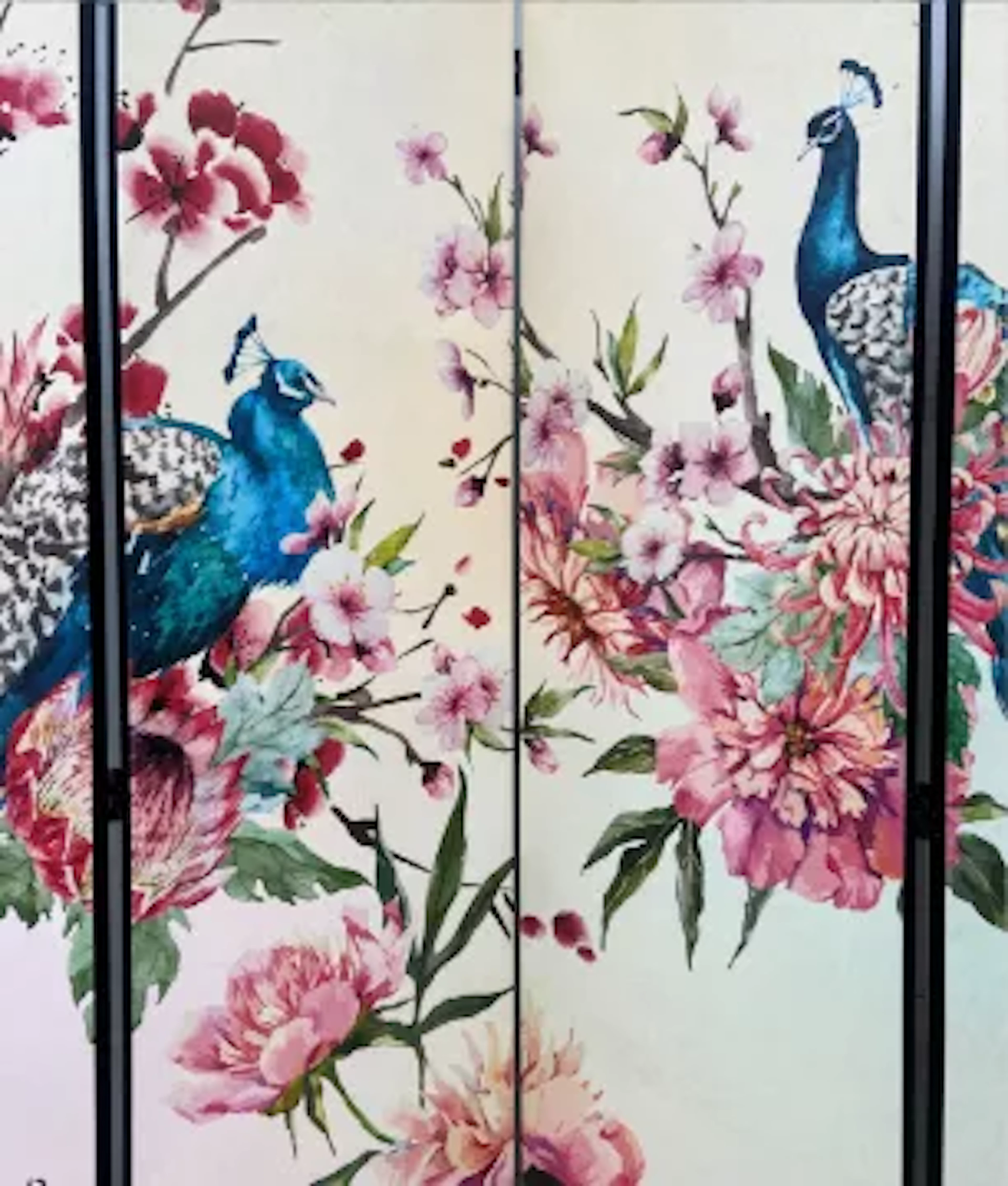 A contemporary Chinese style five panel four fold screen or room divider