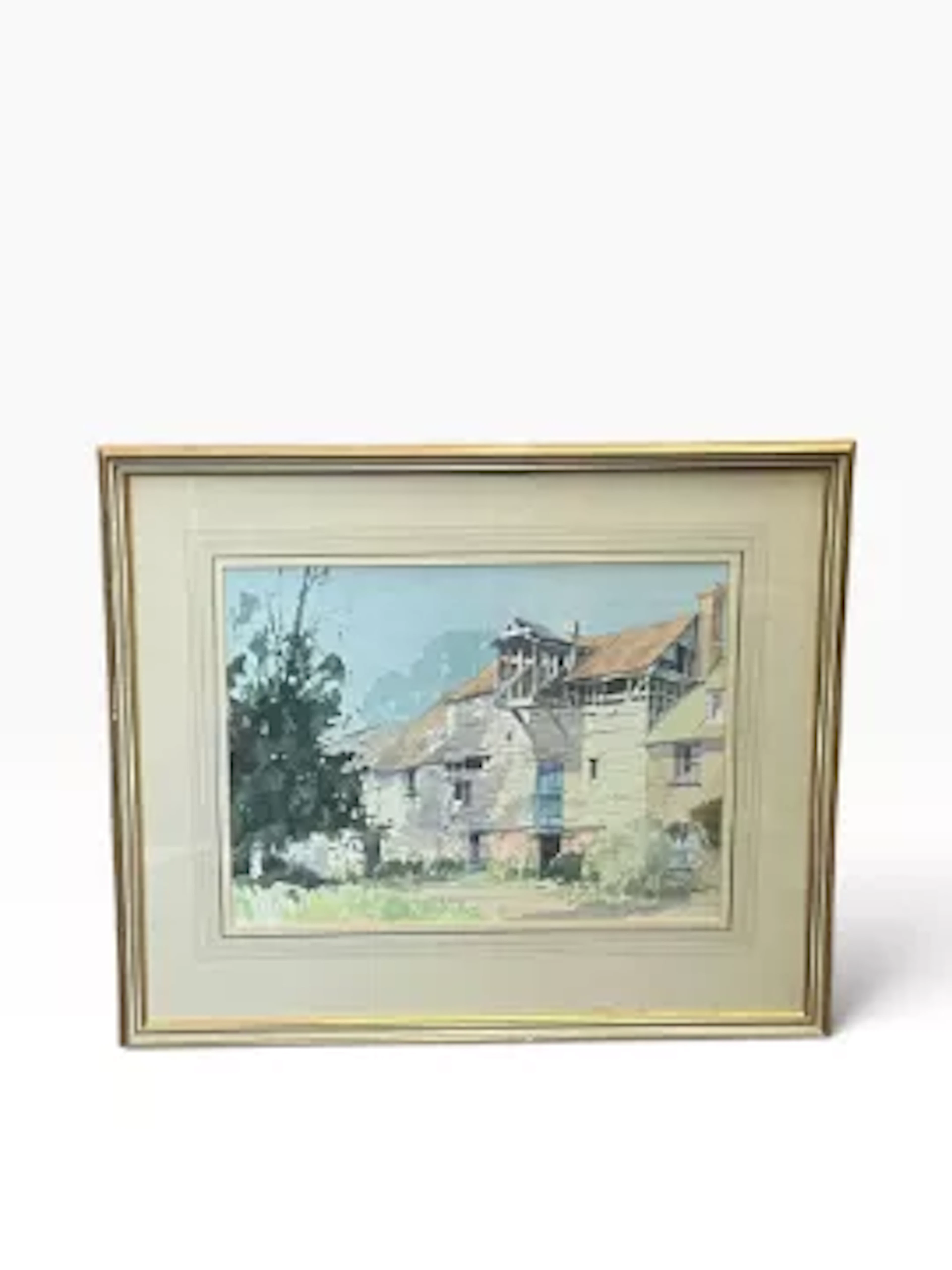 An English school watercolour, mill house on a sunny day, indistinctly