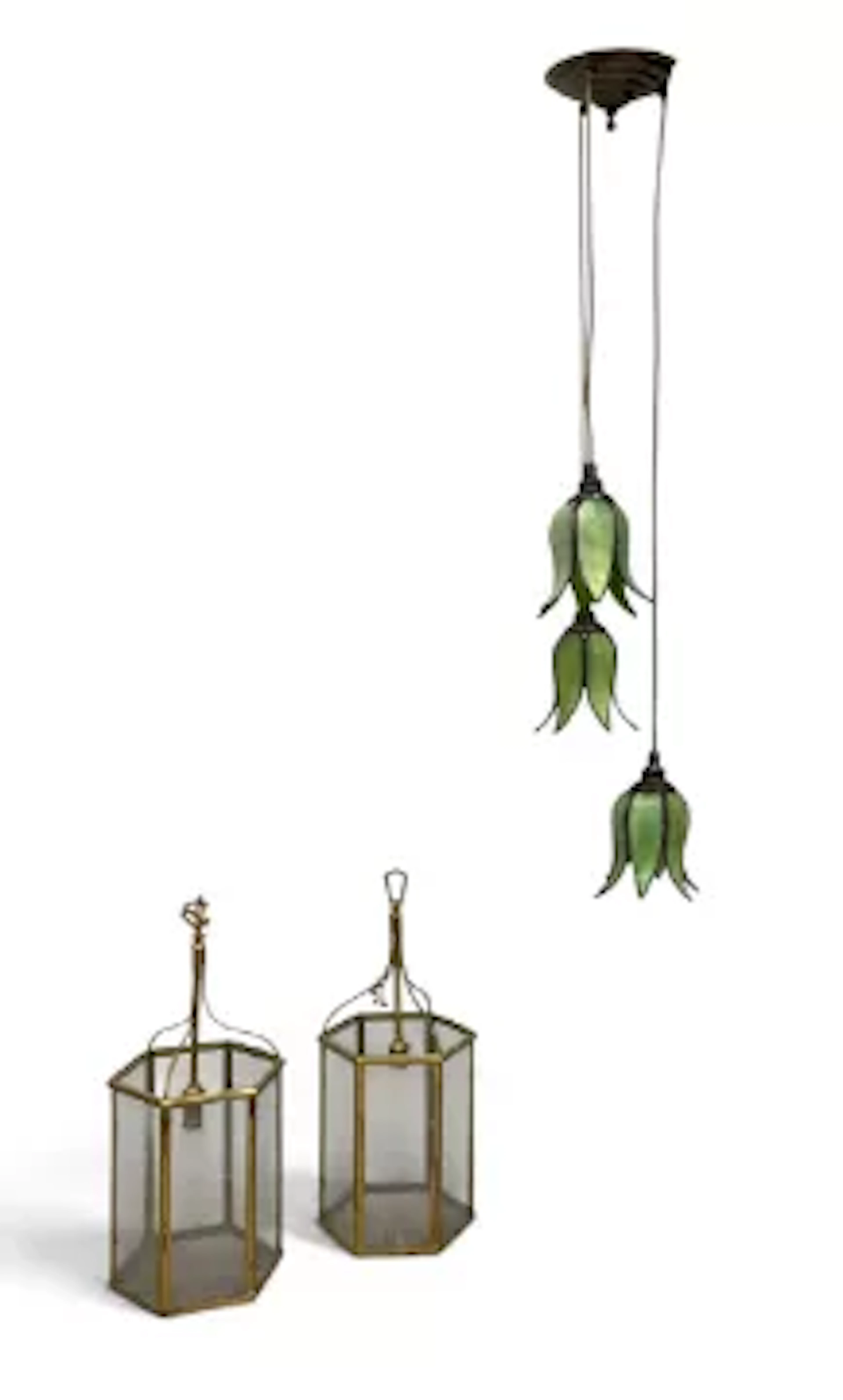 A pair of brass 19th century style hanging lantern style ceiling lights