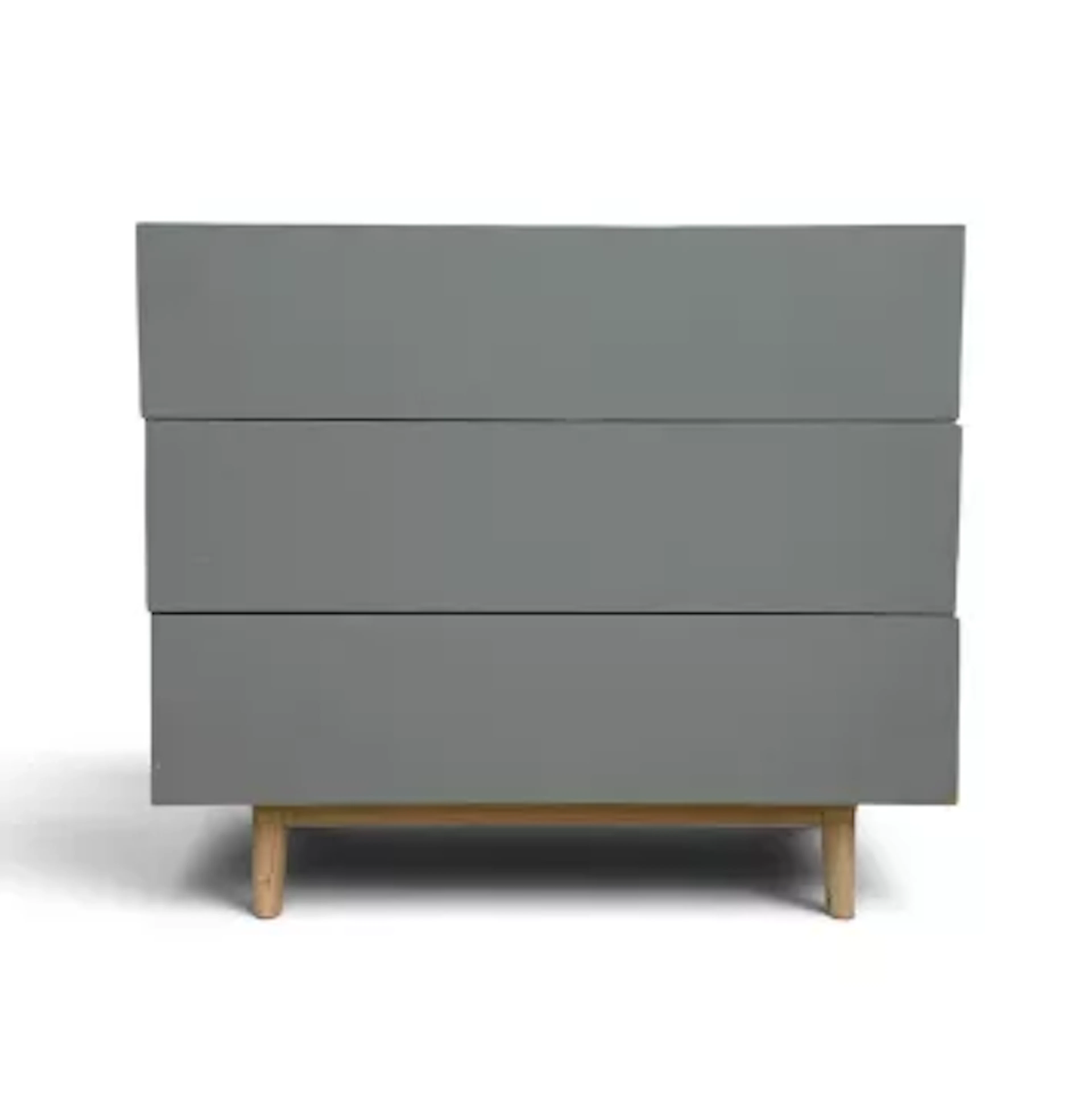 A contemporary chest of three drawers, retro styled on splay supports