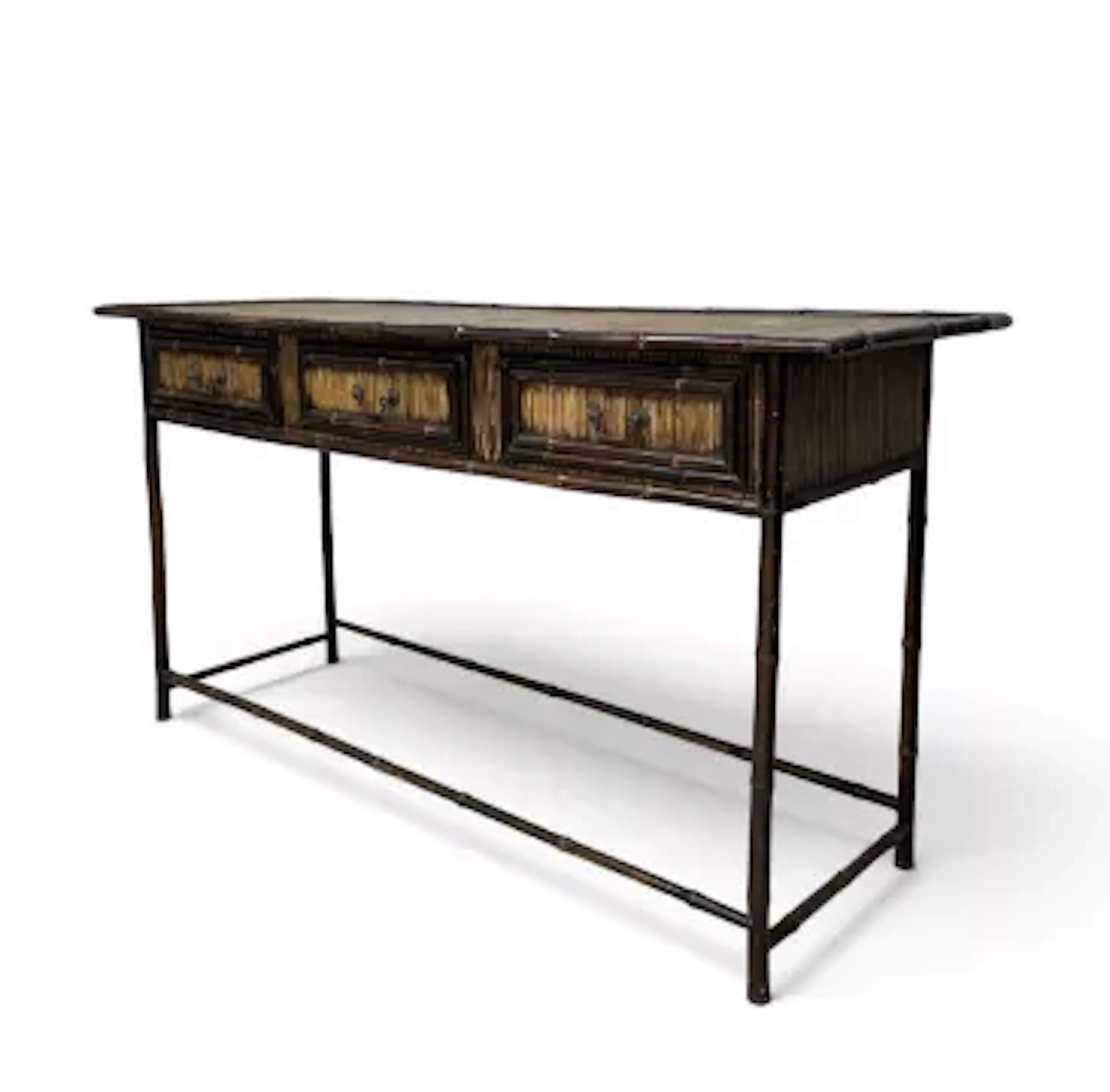 A bamboo and rattan console table fitted with frieze drawers on a