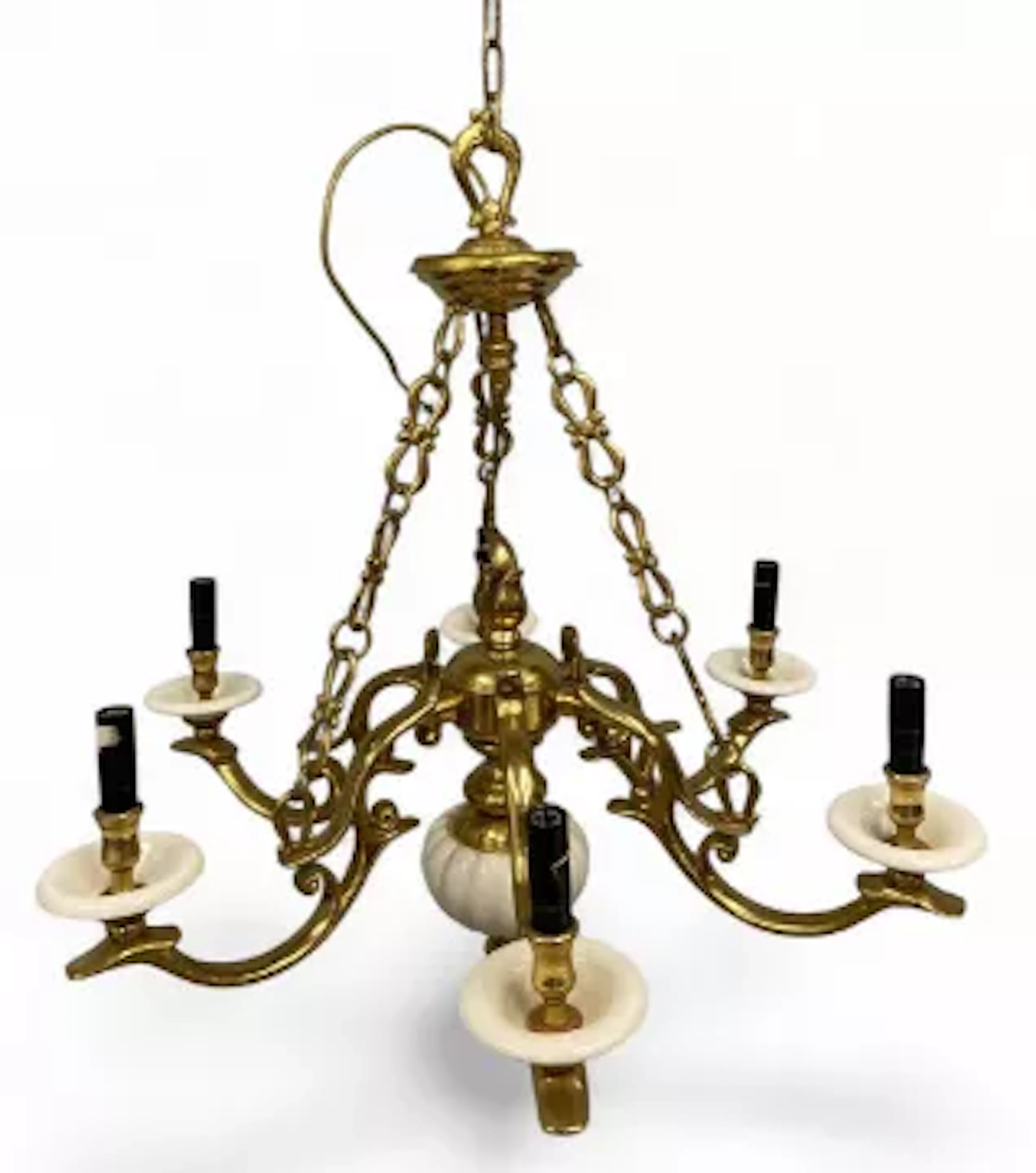 A vintage French Rococo style brass chandelier with six scrolling