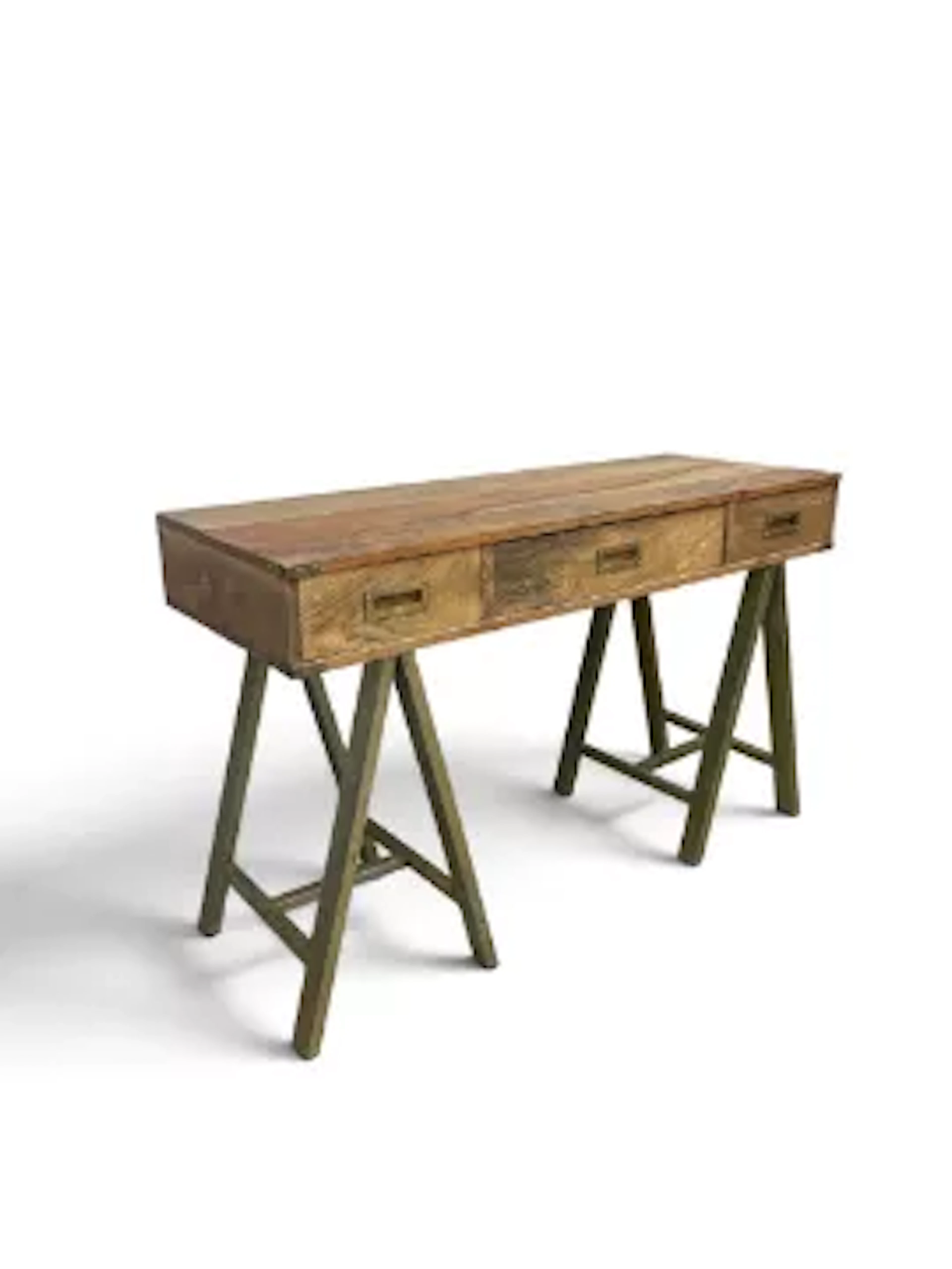 A contemporary campaign style teak console table or desk with brass