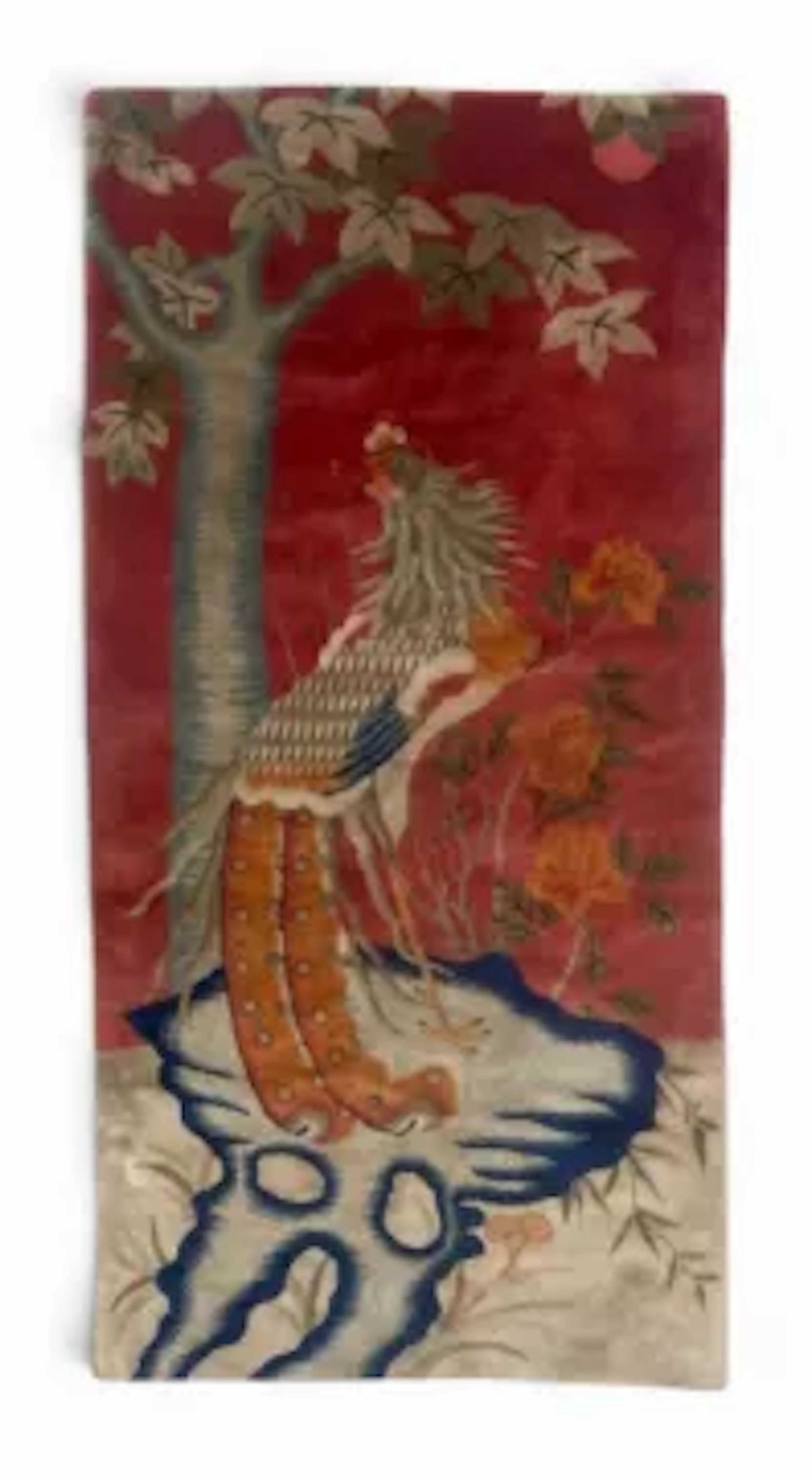 A 20th century Chinese hand knotted Baotou rug with figural polychrome