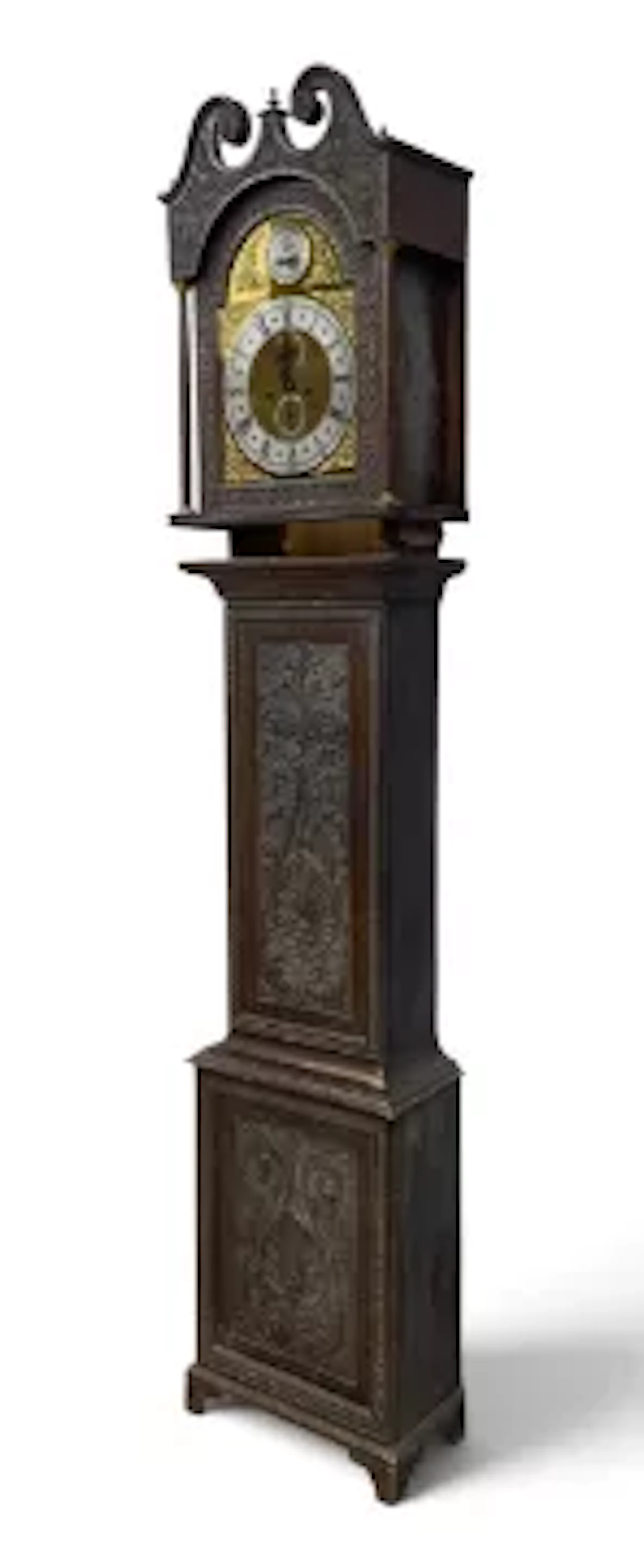 An 18th century carved oak longcase clock with silvered dial and Roman