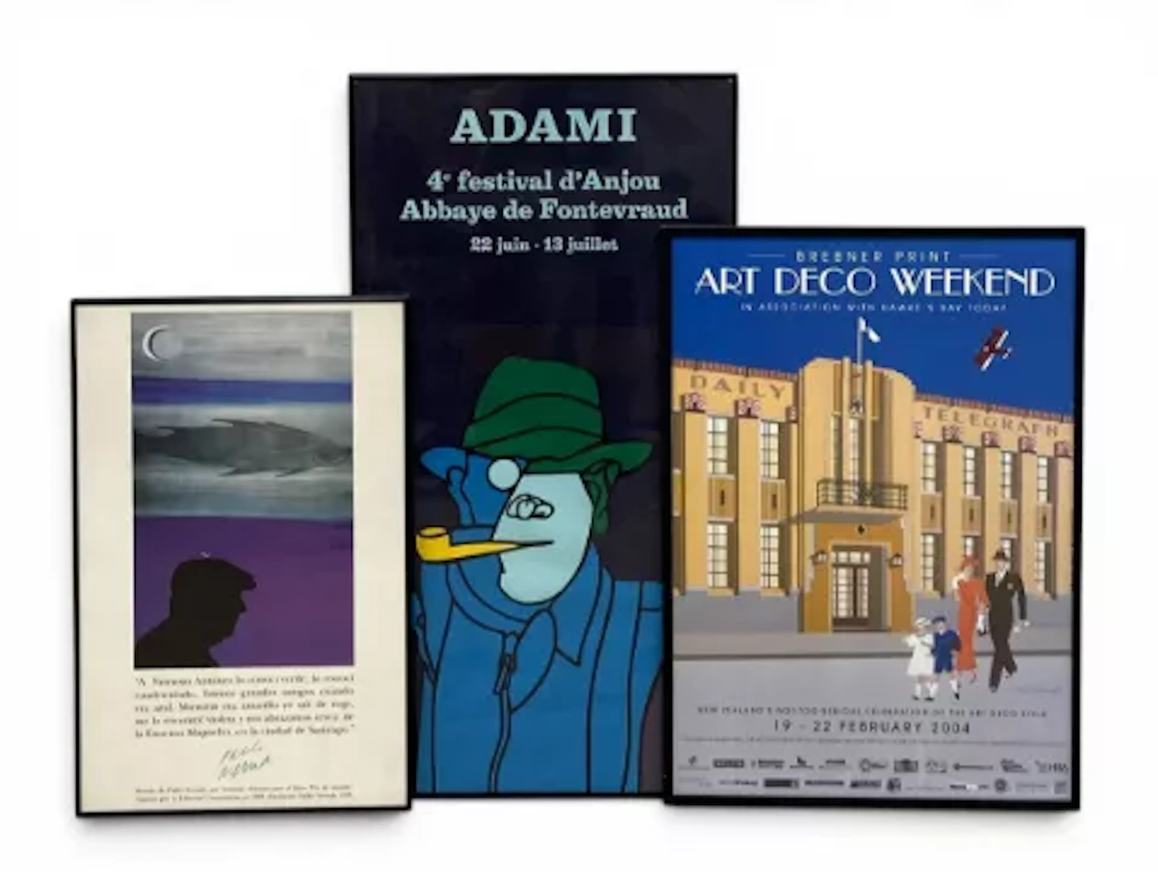 Three framed posters to include Pablo Neruda, Valerio Adami and Brebner