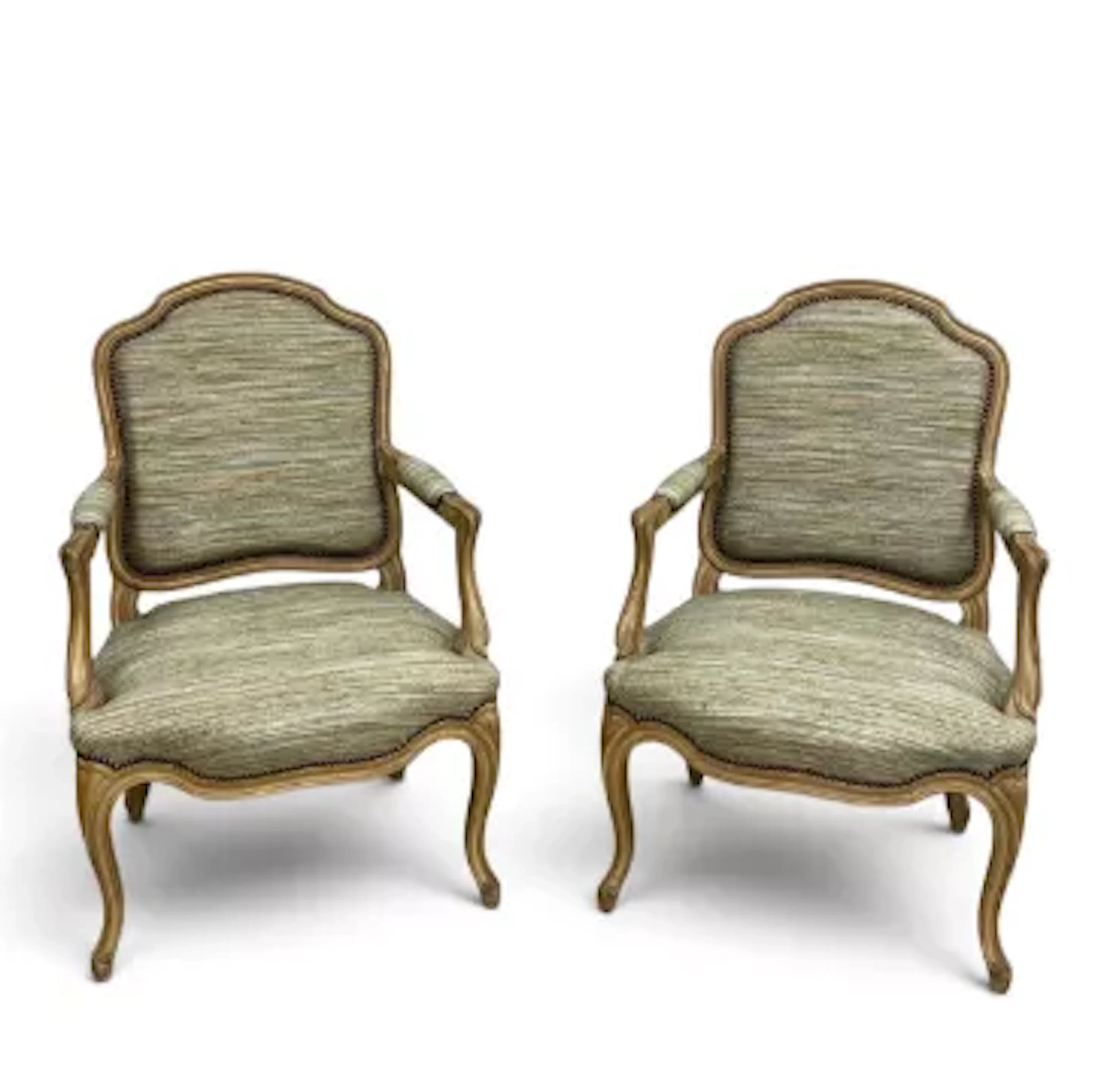 A pair of Louis XV style painted frame open armchairs in studded striped