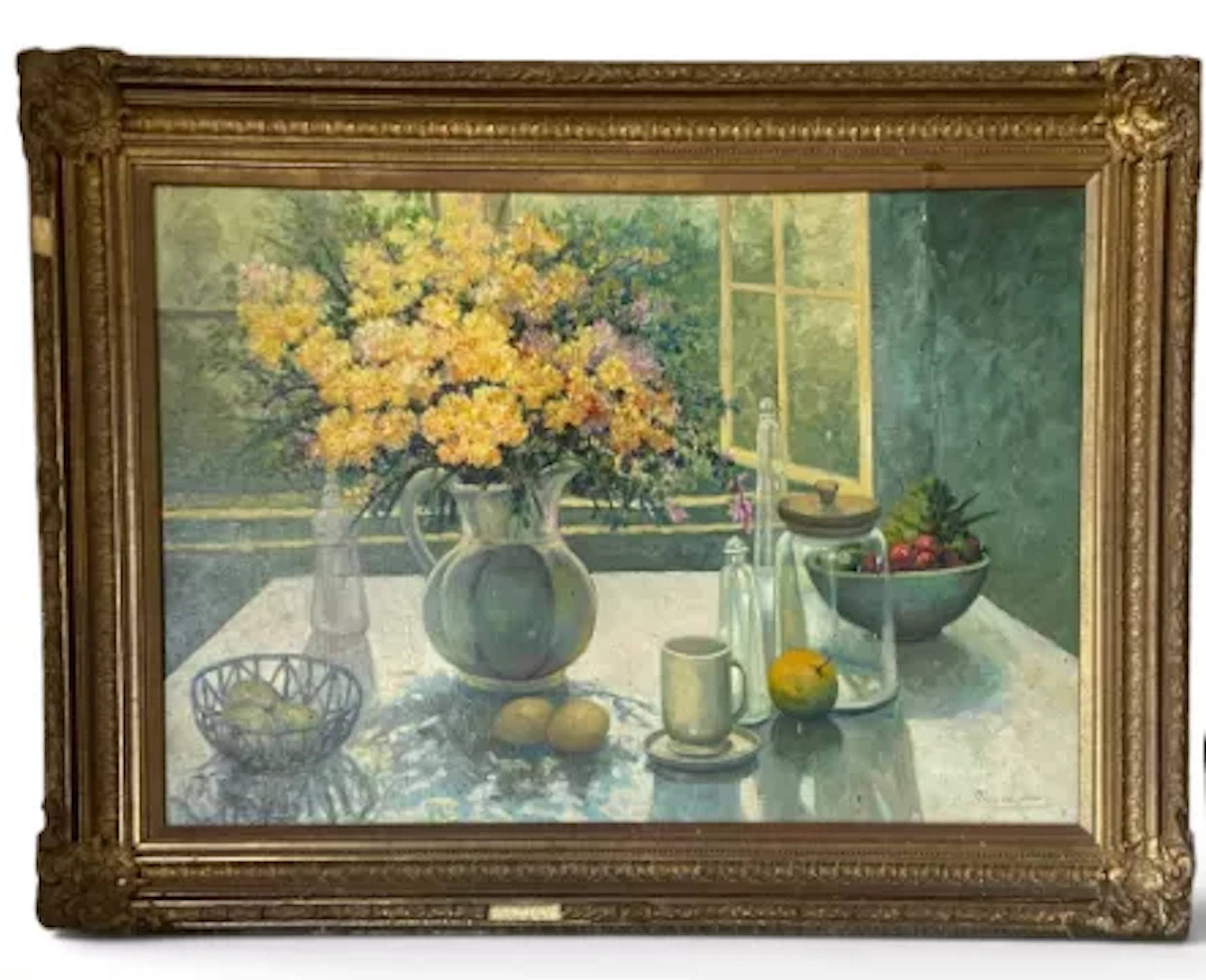 A large gilt framed oil on canvas, a sunlit still life study by an