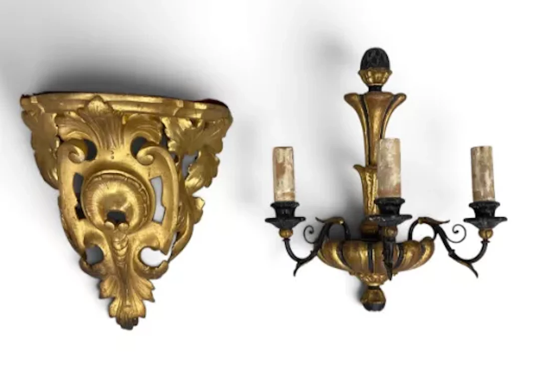 A carved giltwood Rococo style wall bracket and a carved giltwood