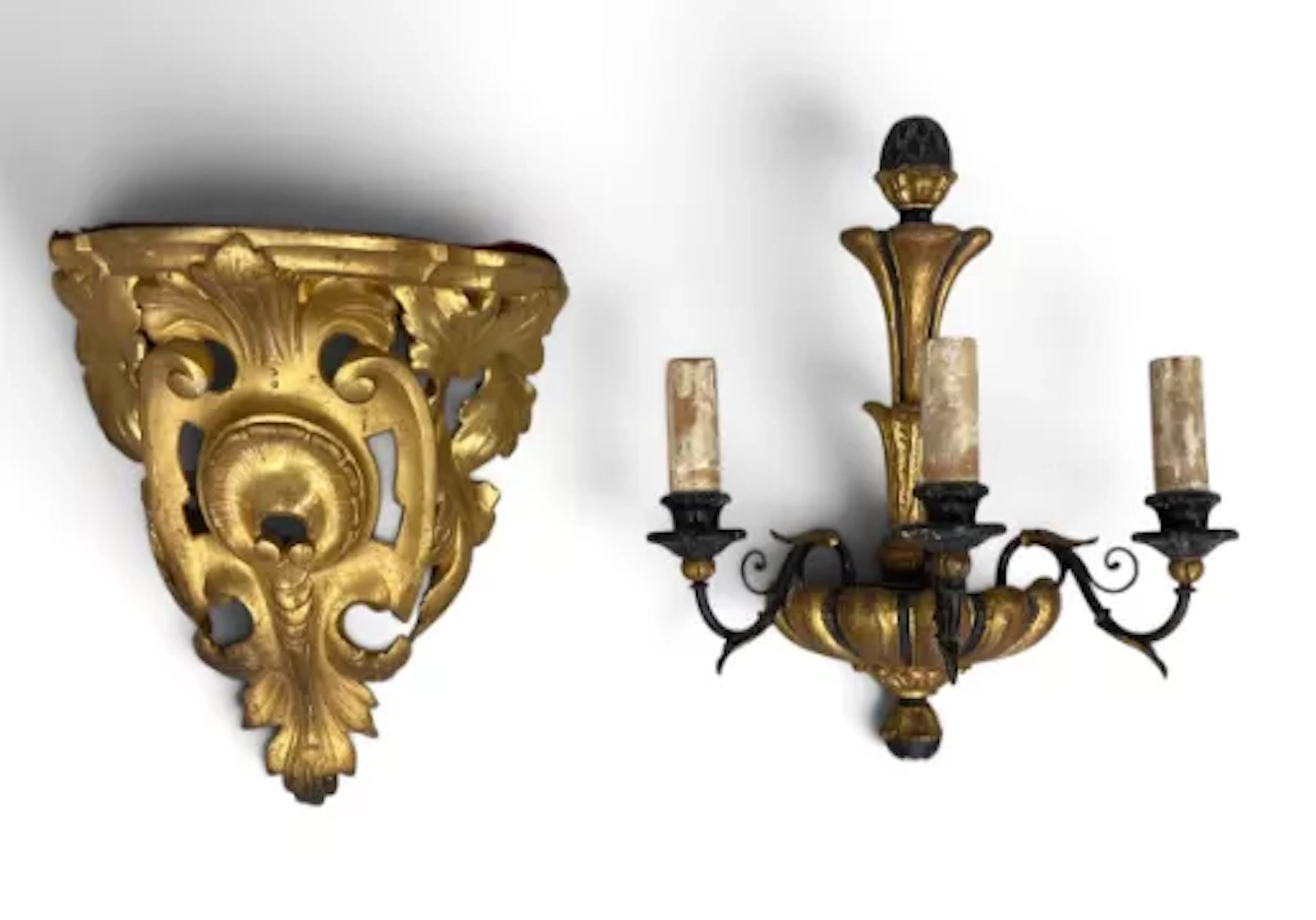 A carved giltwood Rococo style wall bracket and a carved giltwood