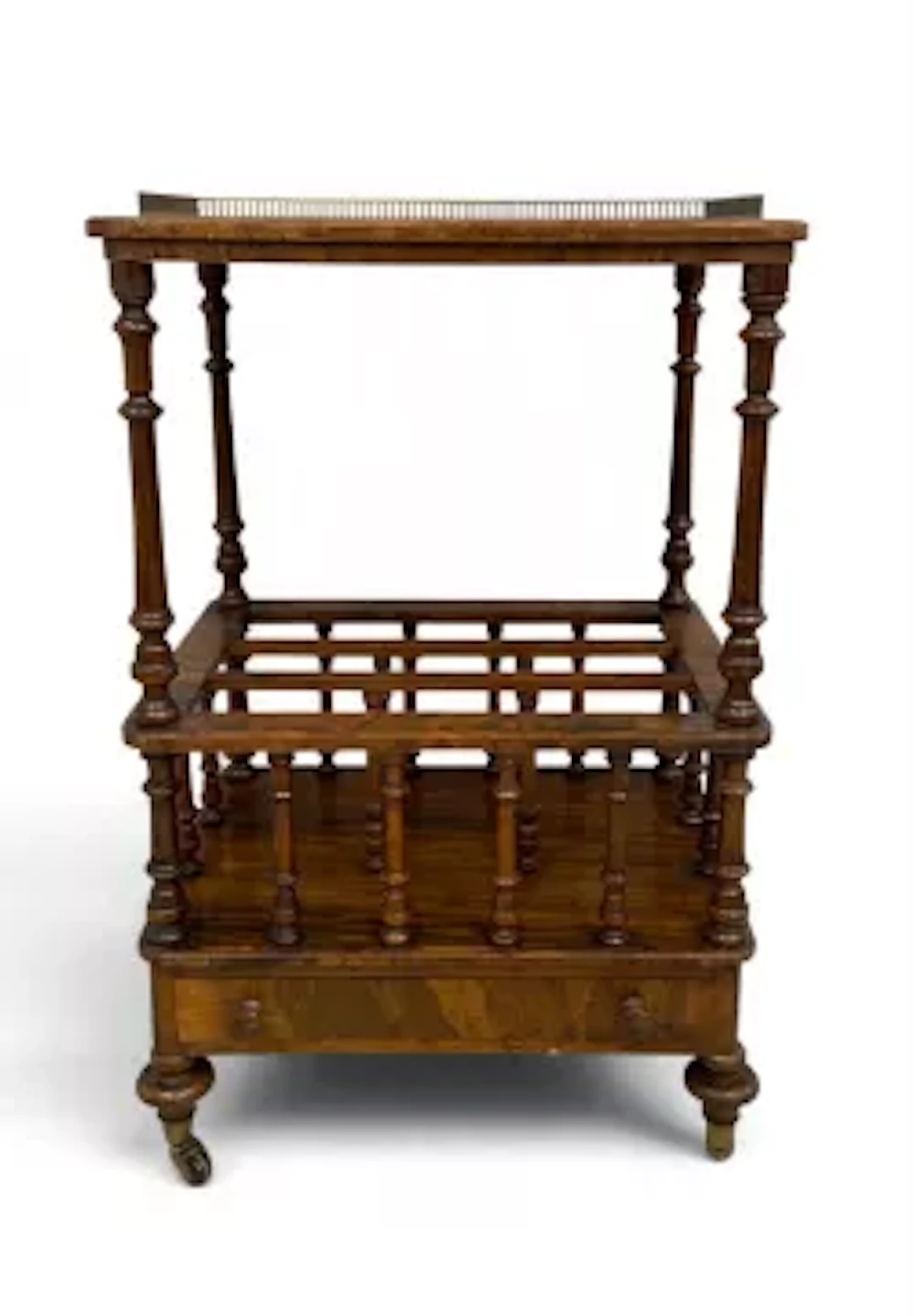 A 19th century burr walnut side cabinet Canterbury magazine rack with