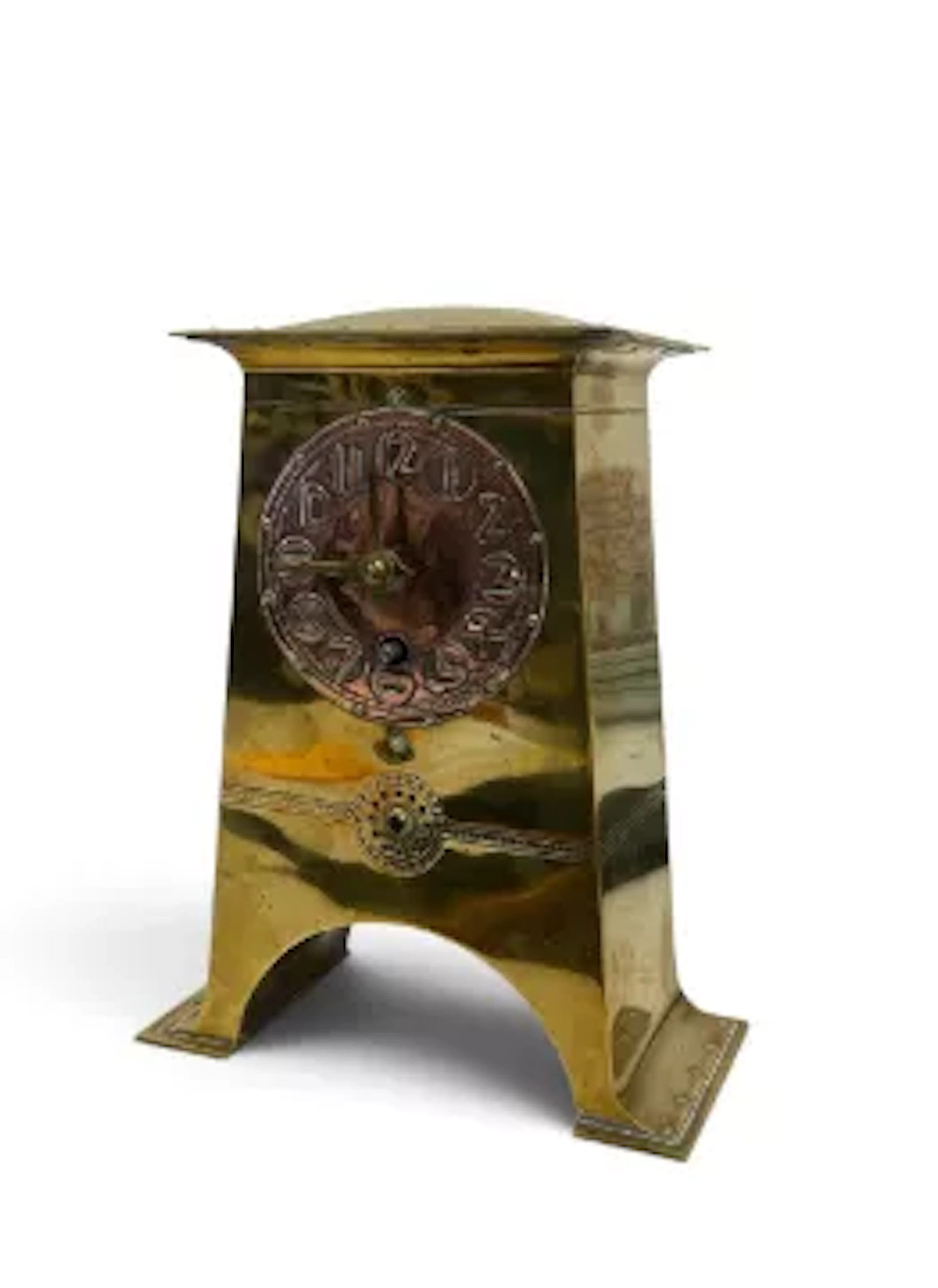 A C.1900 Arts and Crafts brass mantel clock with copper dial by Johannes