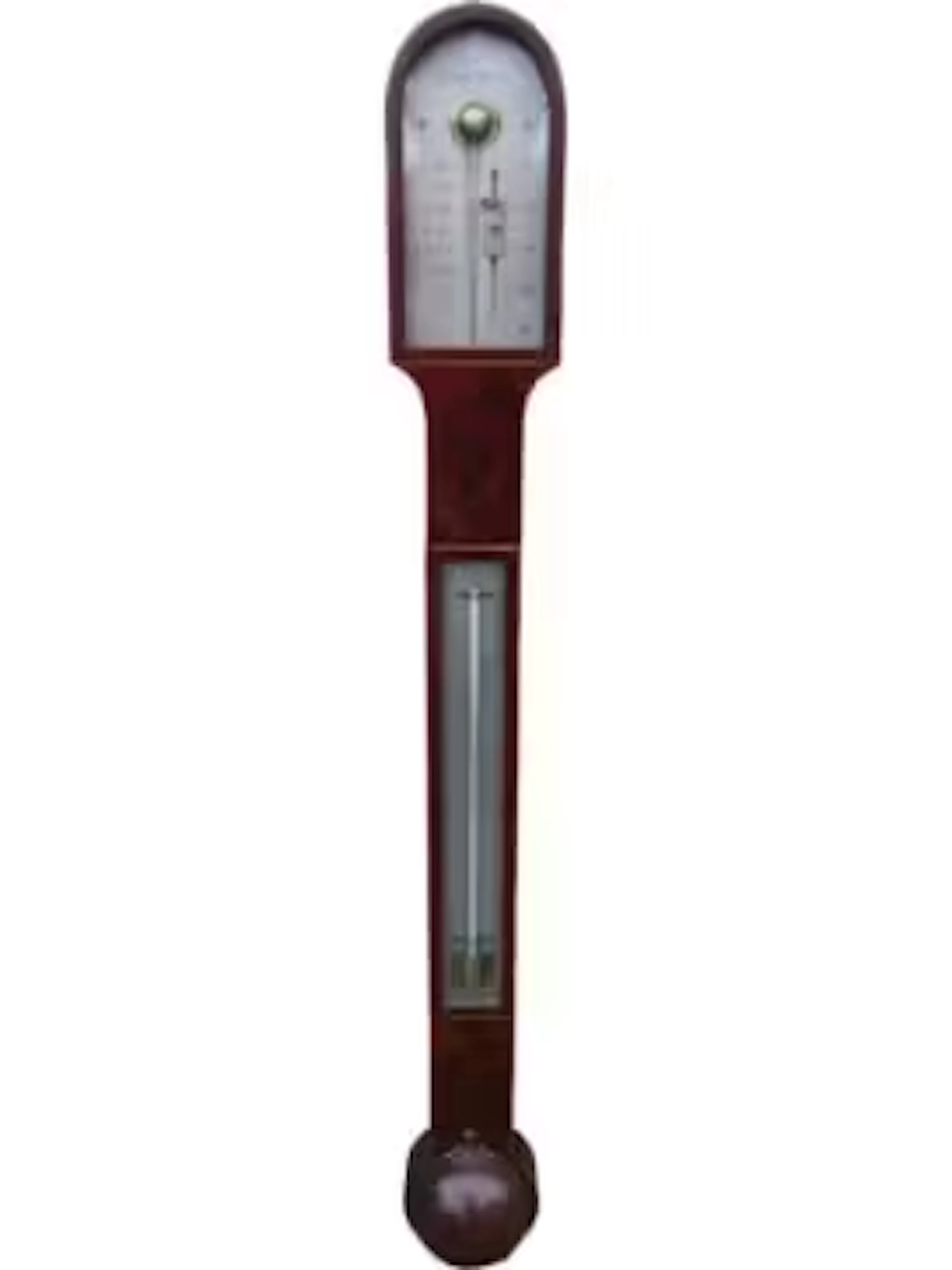 A Georgian mahogany cased stick barometer the arched top with silvered