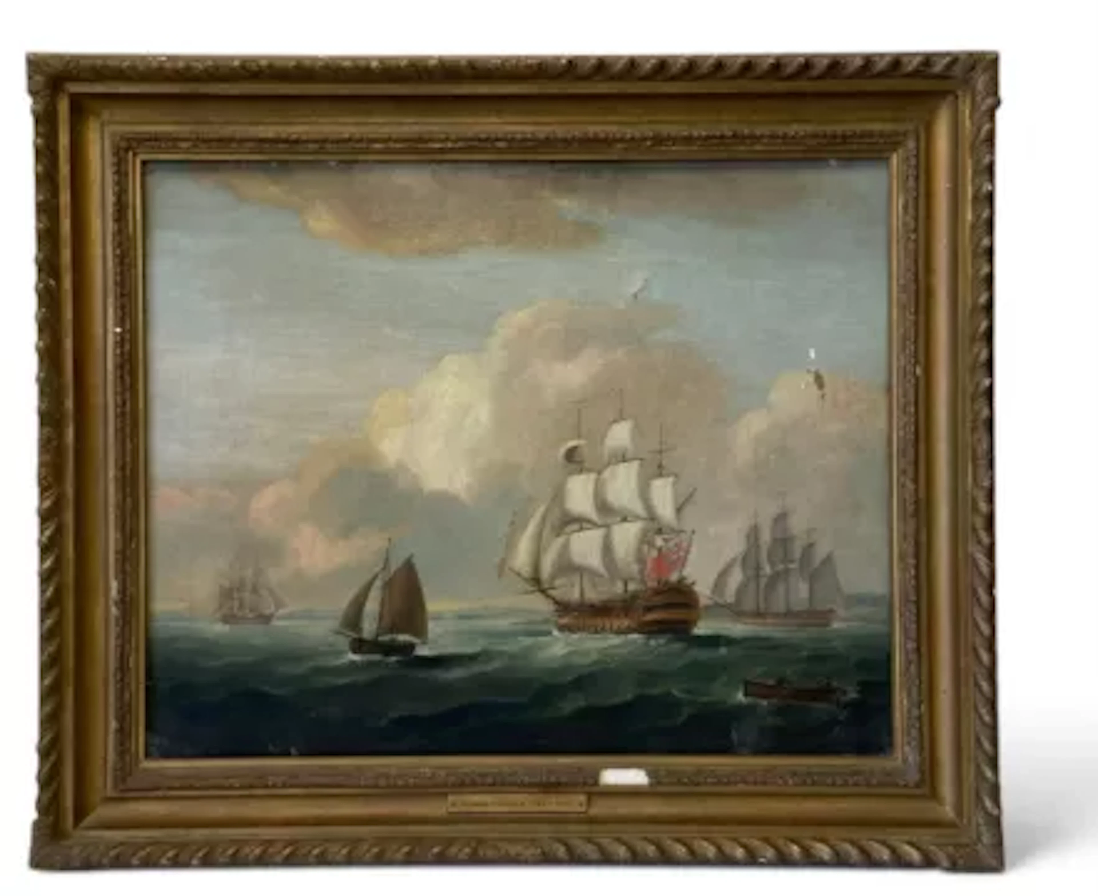 Francis Chesham (1749-1806). A framed oil painting of warships at