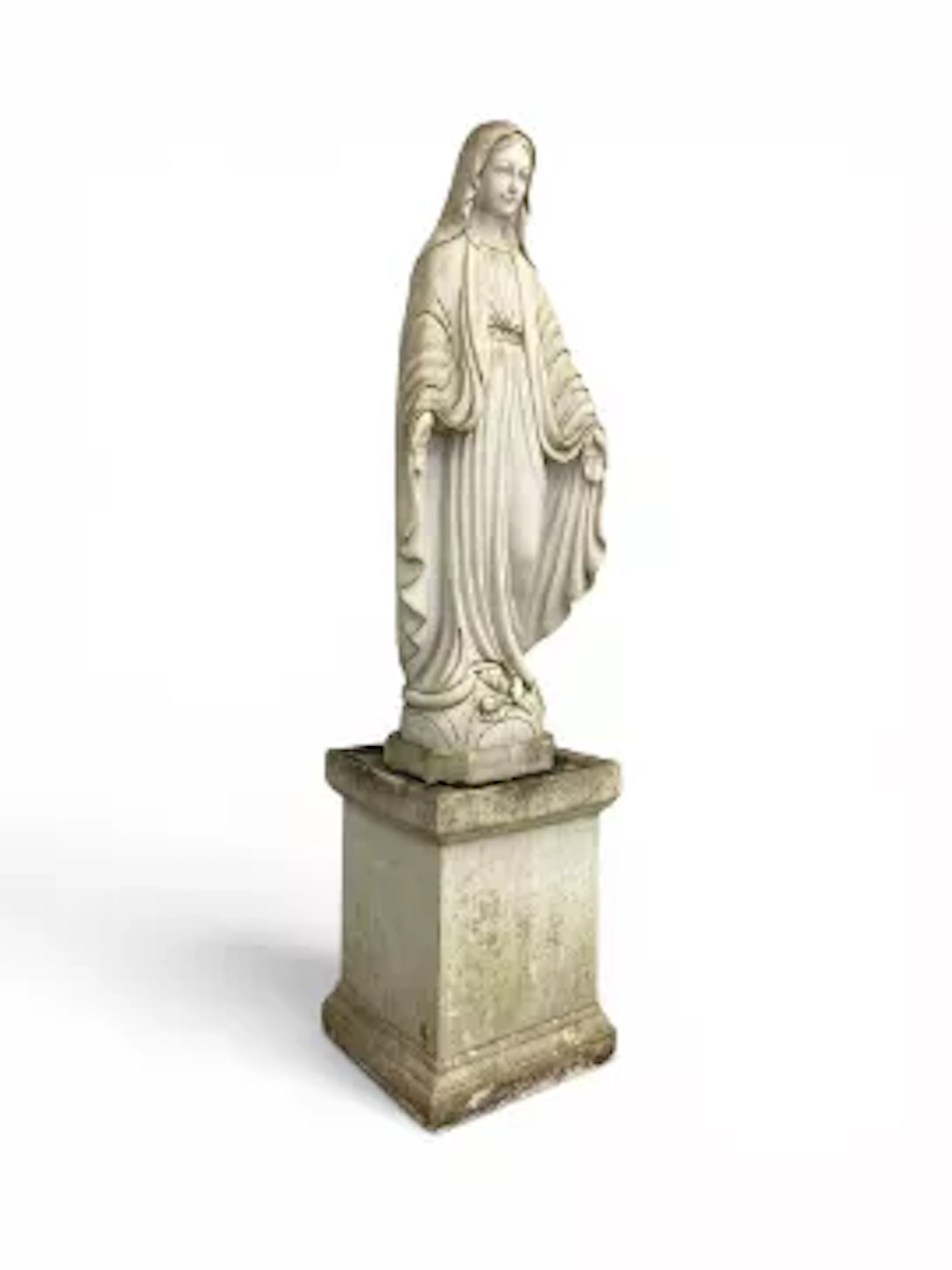 A full height faux marble fibreglass statue of The Virgin Mary raised