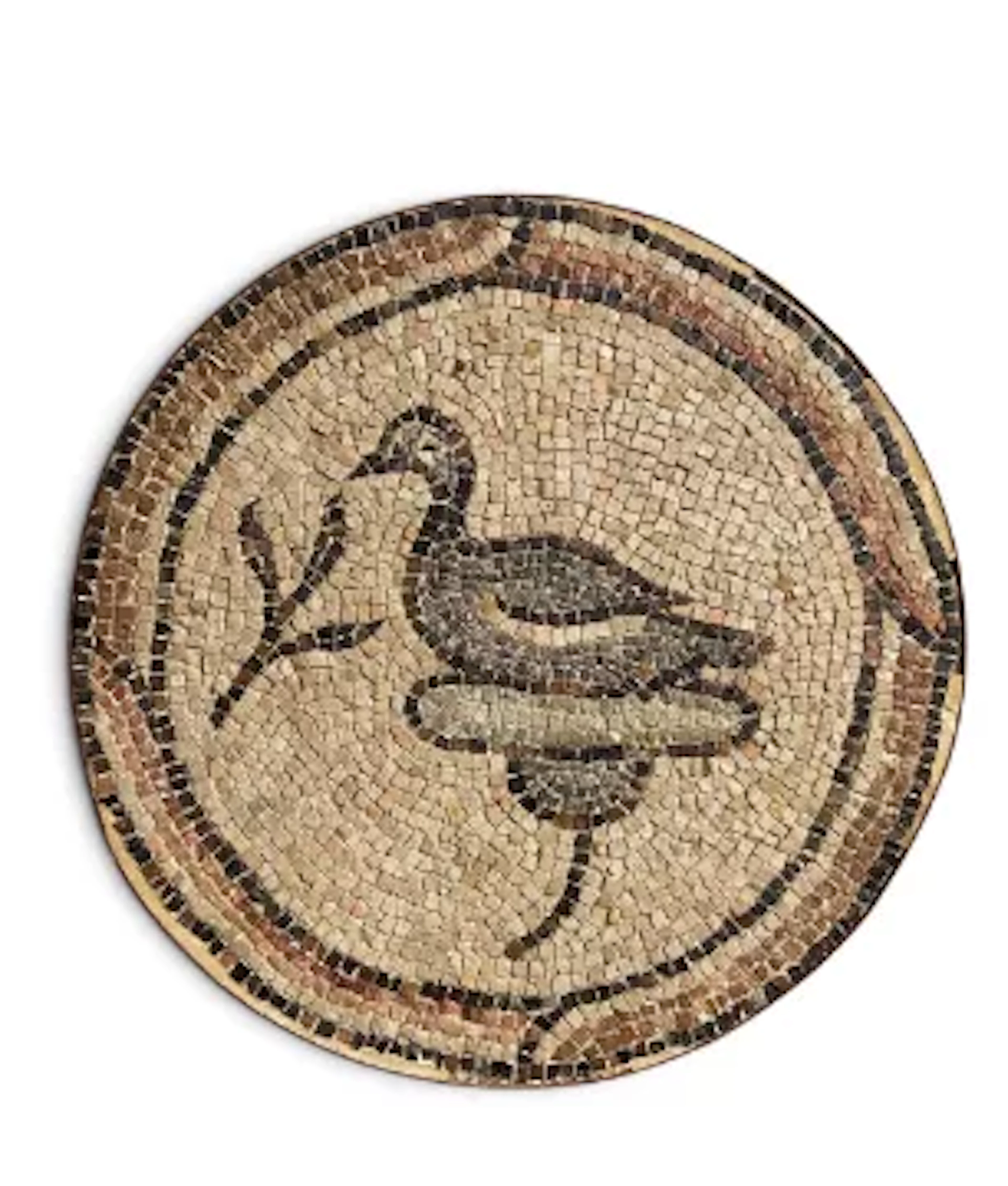 A Byzantine mosaic, circa 5-6th century, duck seated on a lily. 66cm diameter.
